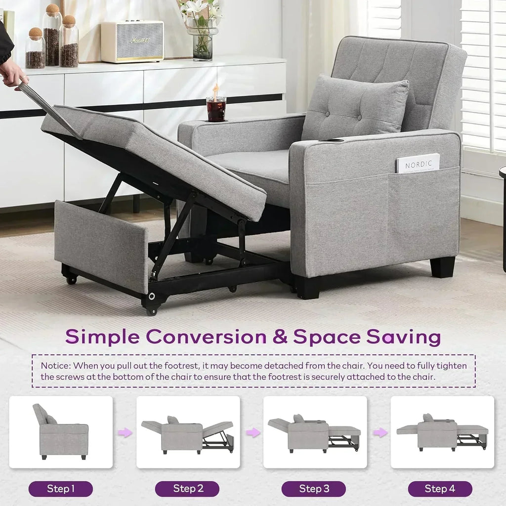 Adult Convertible Sleeper Chair Bed 3-in-1 Pull-Out Sofa Bed with USB/Type-C Ports Cup Holders