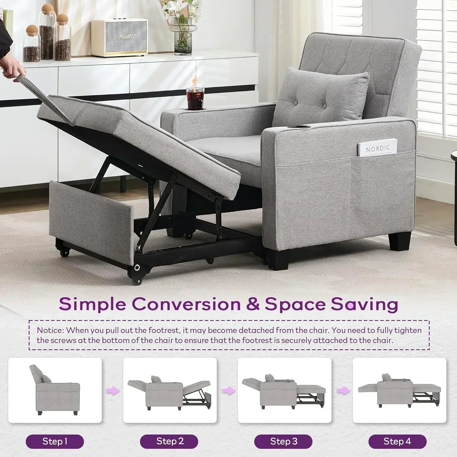 Adult Convertible Sleeper Chair Bed 3-in-1 Pull-Out Sofa Bed with USB/Type-C Ports Cup Holders