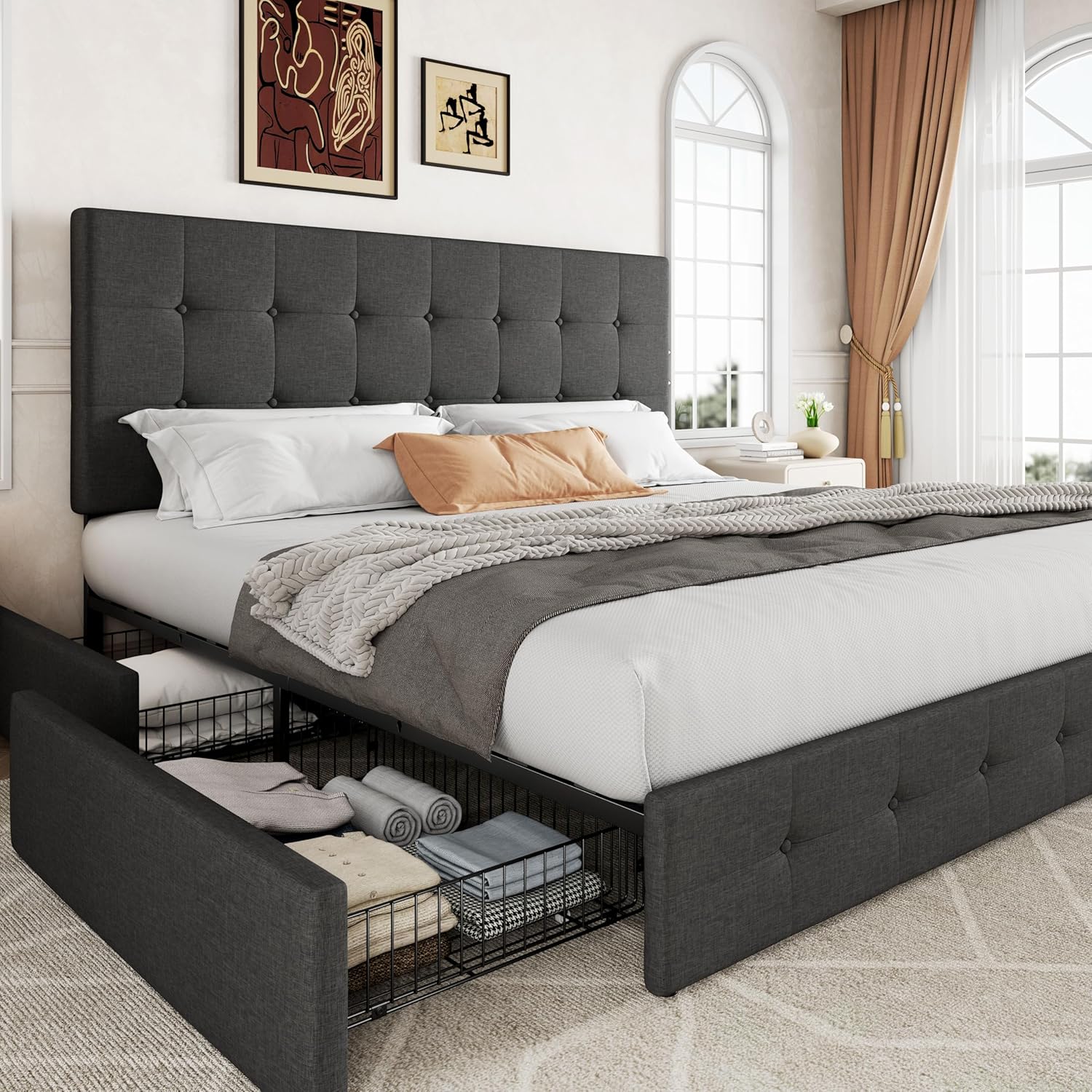 Allewie Upholstered Queen Size Platform Bed Frame with 4 Storage Drawers and Headboard