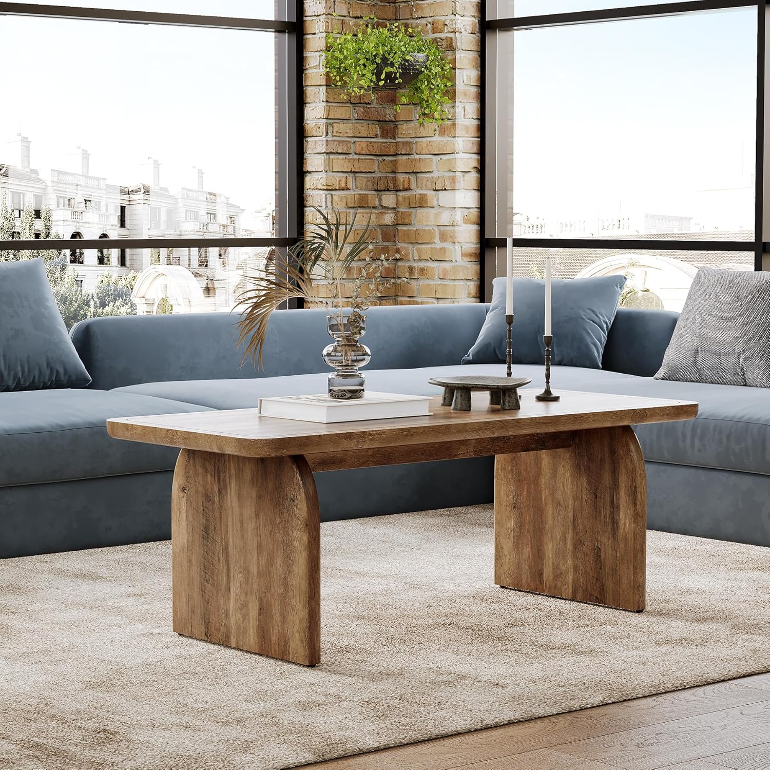 LITTLE TREE Farmhouse Coffee Table, 47 Inch Round Corner Wood Center Table, Rectangular Living Room Table, Modern Low Cocktail Tea Set