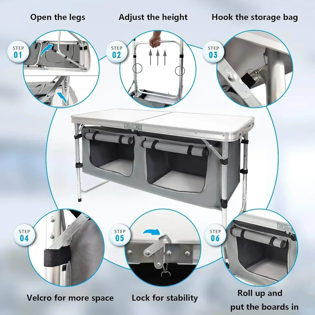 Outdoor Folding Table Aluminum Lightweight Height Adjustable with Storage Organizer