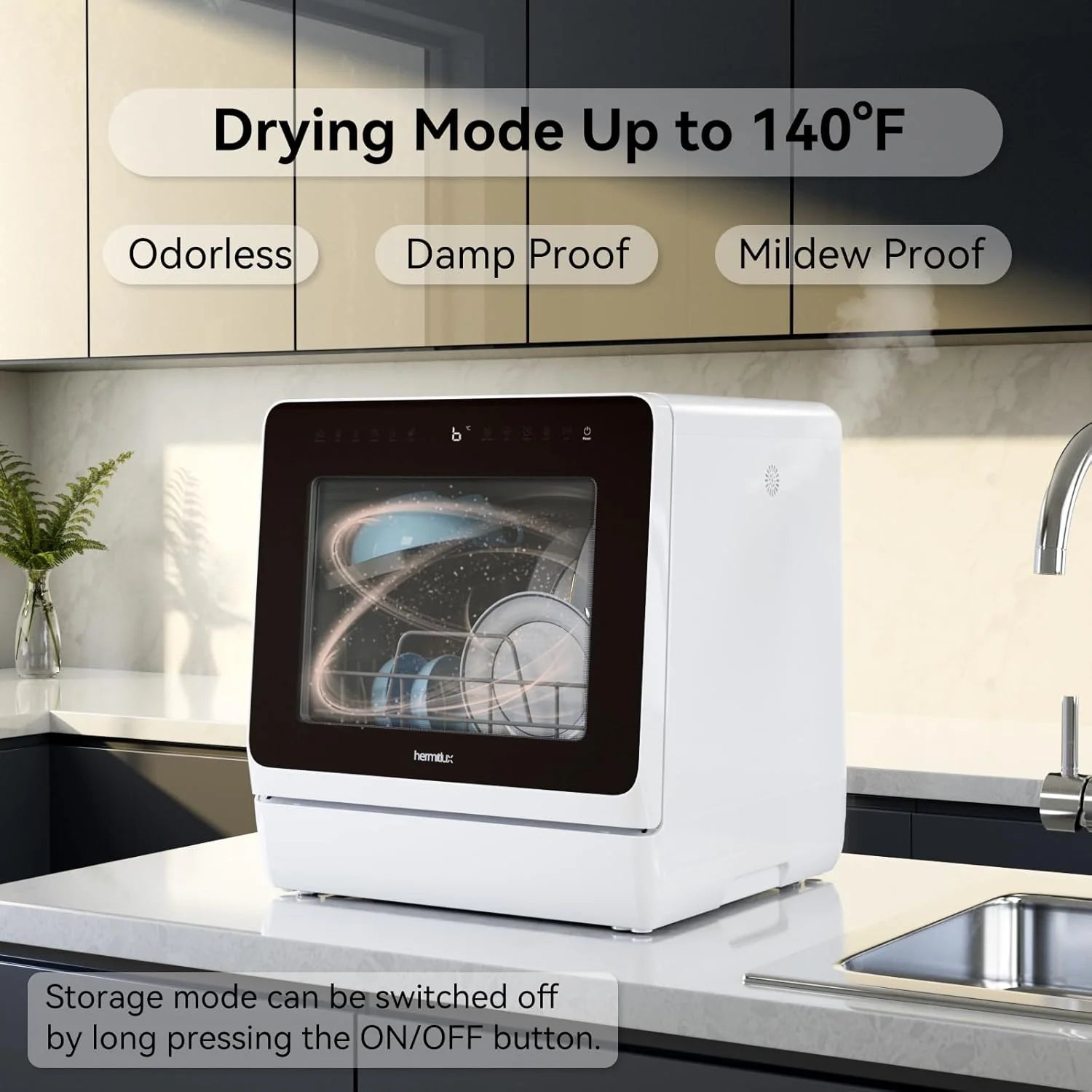 Hermitlux Countertop Dishwasher, 7 Washing Programs Portable Mini Dishwasher with 5-Liter Built-in Water Tank for Apartments & RVs, LED Light, Glass Door, No Hookup Needed