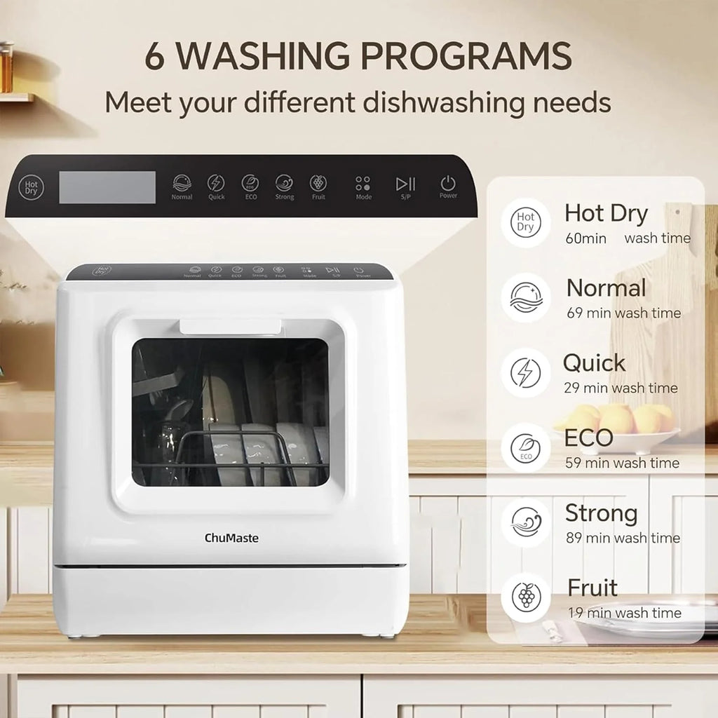 Mini countertop dishwasher. Compact dishwasher with drying function. Double spray arms. Portable countertop dishwasher