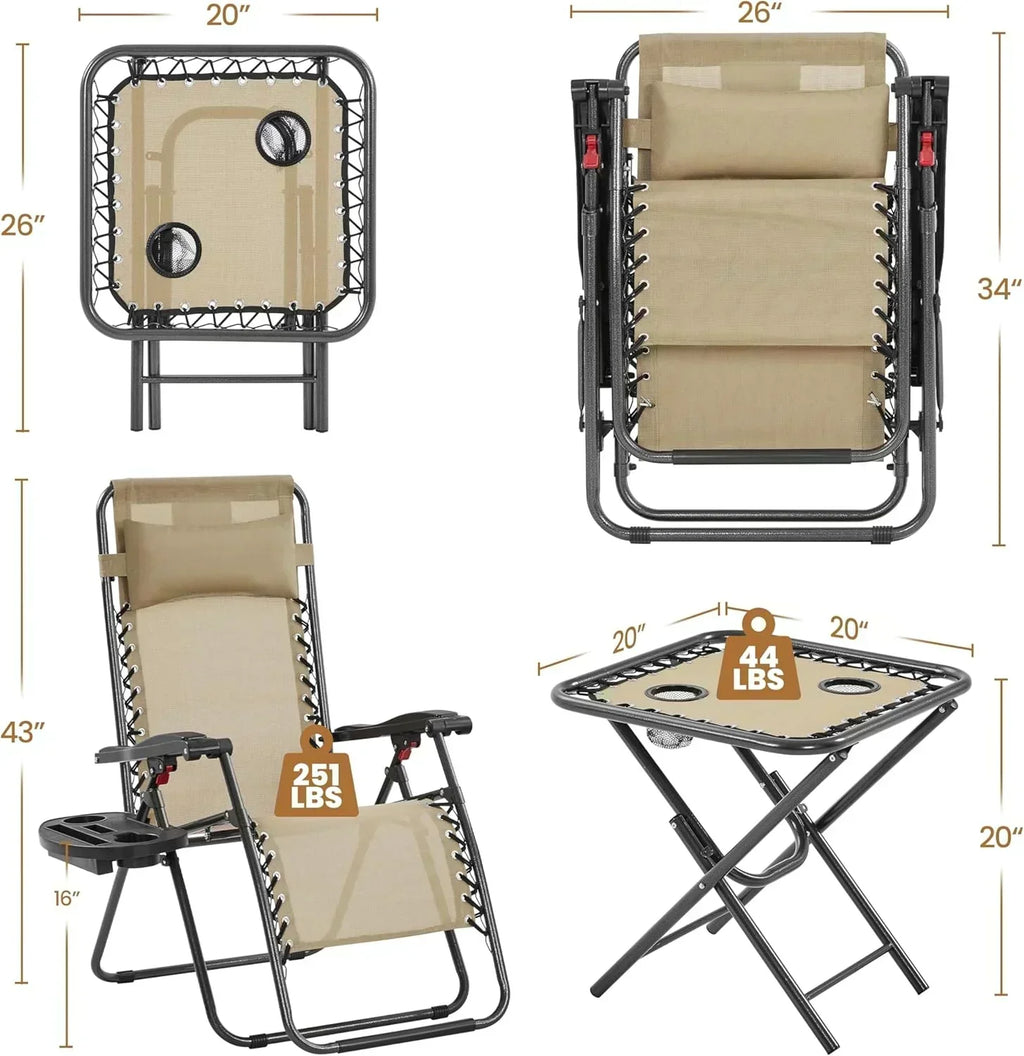 3PCS Zero Gravity Recliner Portable Outdoor Reclining Chair Set Side Table Lounge Chairs