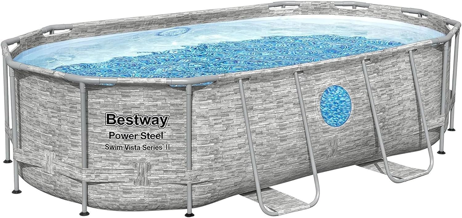 Power Steel Swim Vista Series II 14' x 8' 2 x 39.5 Above Ground Outdoor Swimming Pool Set with 530 GPH Filter Pump, Ladder, and Pool Cover
