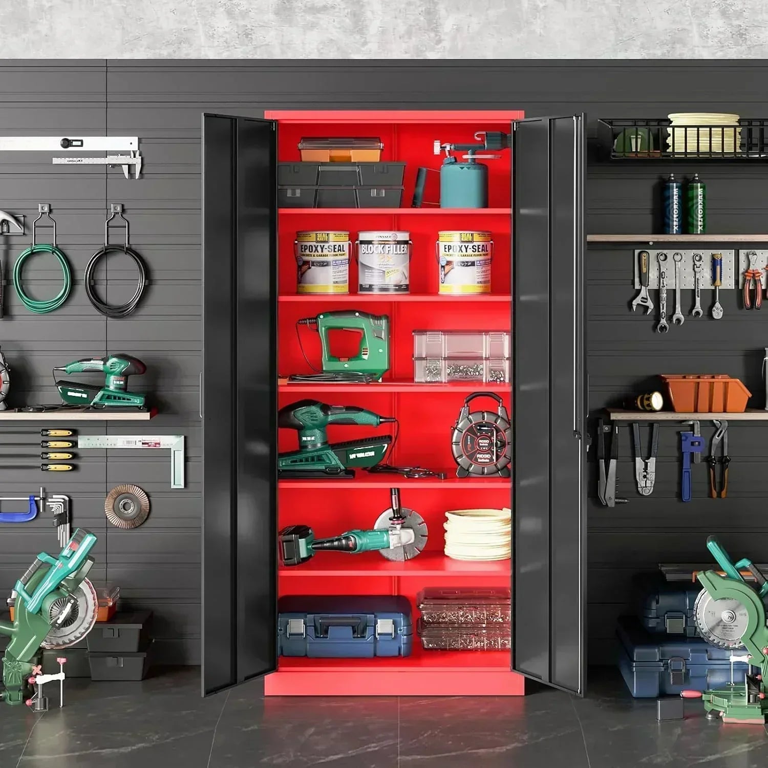 Metal Storage Cabinet with 2 Doors and 6 Shelves Black Metal Cabinet Garage Storage Cabinet
