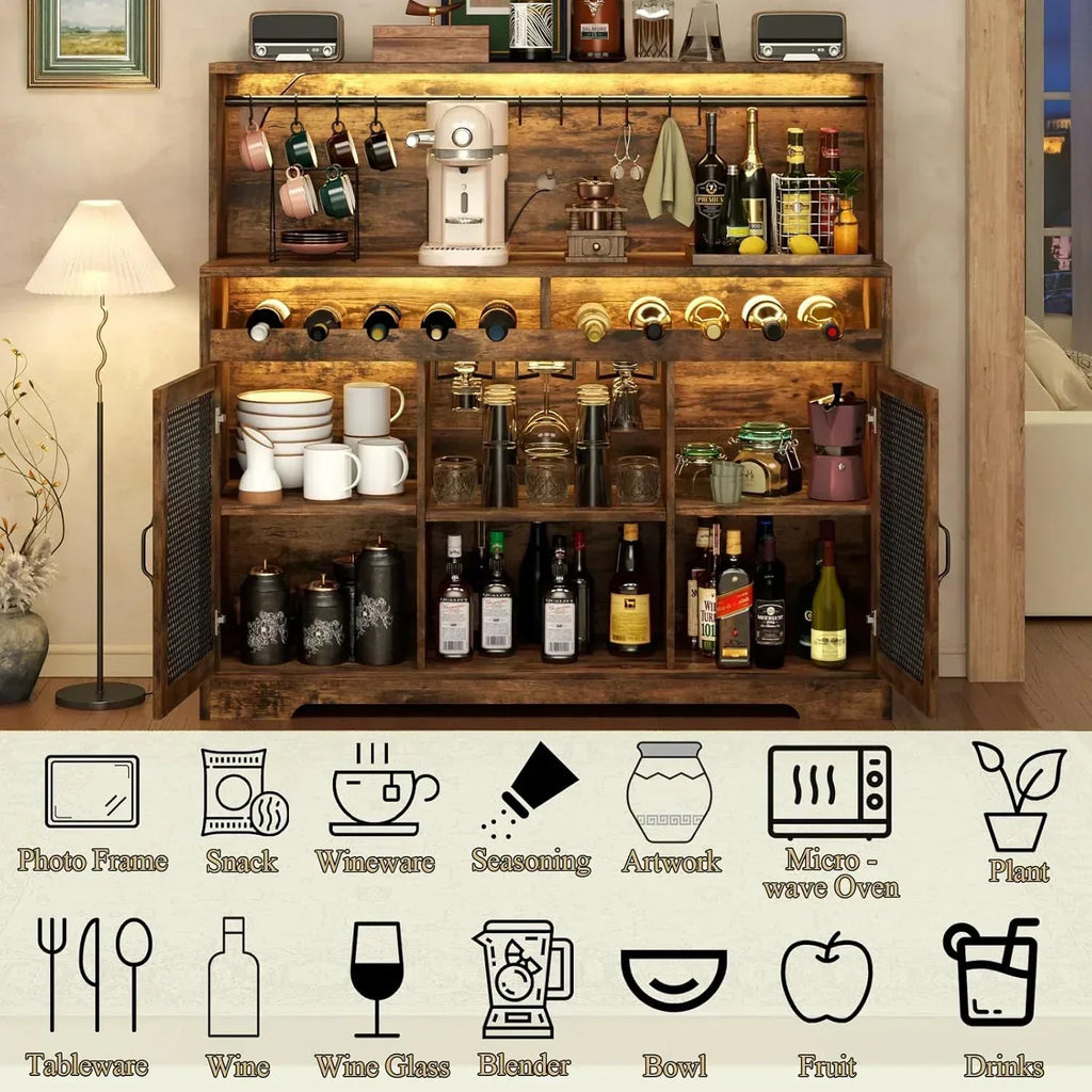 Wine Bar Cabinet with LED Light Liquor Cabinet with Glass Holder Coffee Bar for Liquor