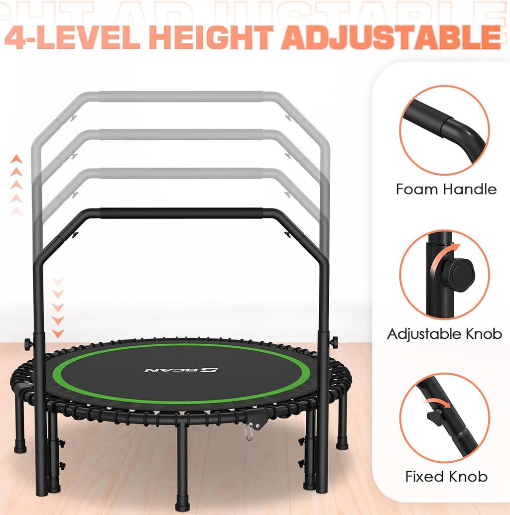 BCAN 450/550 LBS Foldable Mini Trampoline, 40/48 Fitness Trampoline with Bungees, U Shape Adjustable Foam Handle, Stable & Quiet Exercise Rebounder for Adults Indoor/Outdoor Workout