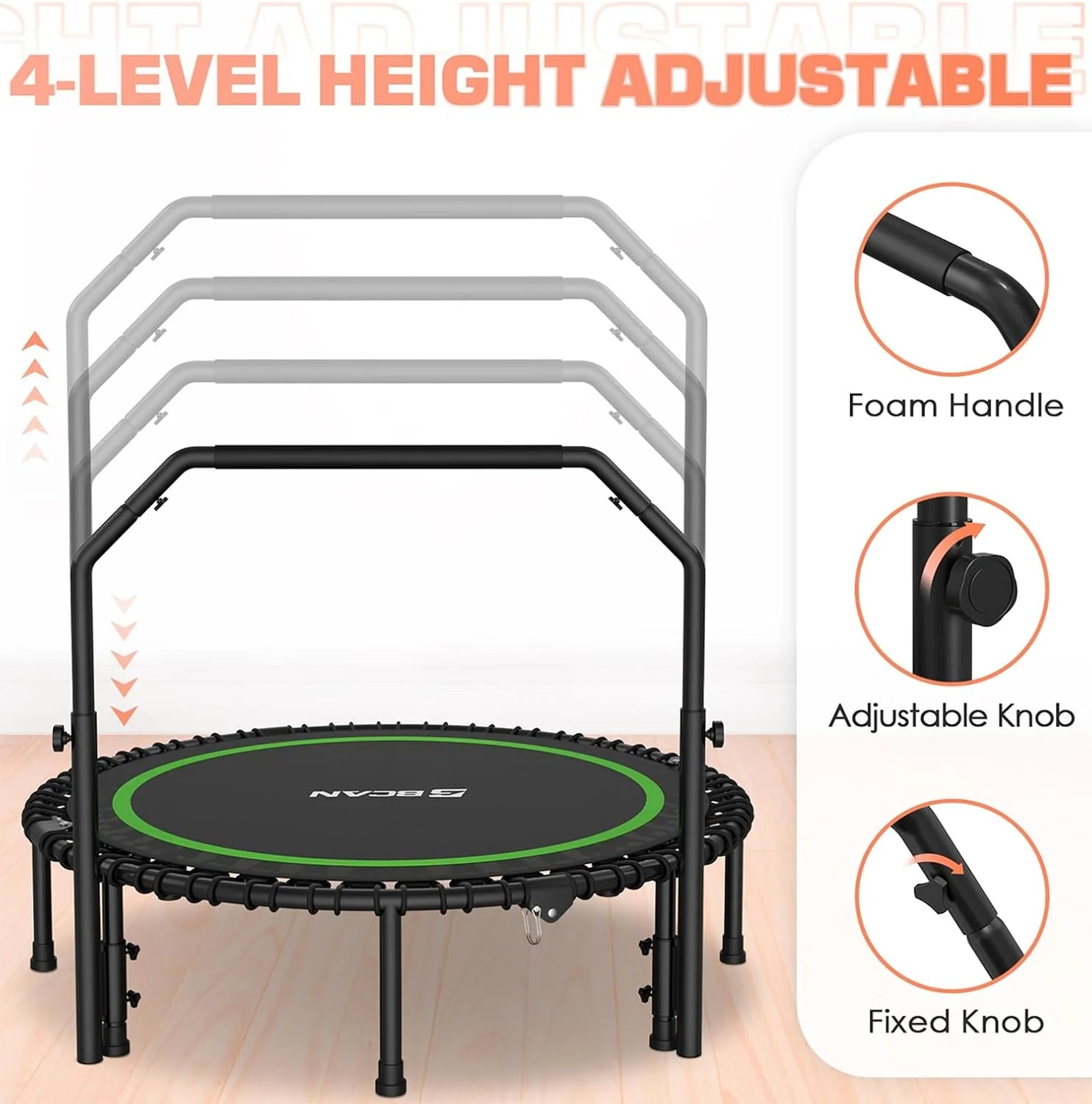 BCAN 450/550 LBS Foldable Mini Trampoline, 40/48 Fitness Trampoline with Bungees, U Shape Adjustable Foam Handle, Stable & Quiet Exercise Rebounder for Adults Indoor/Outdoor Workout