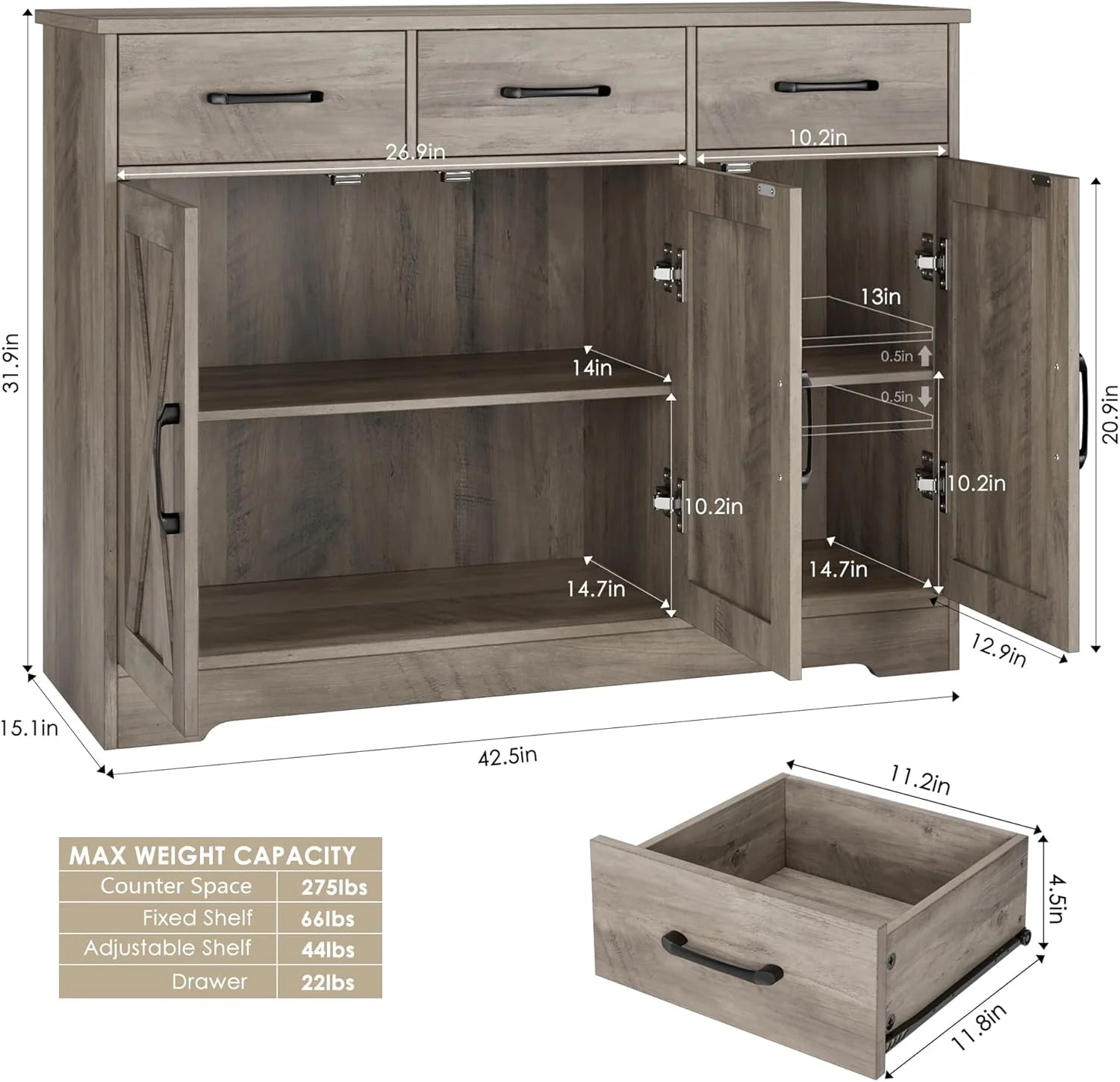 Modern farmhouse sideboard, barn door buffet storage cabinet with drawers and shelves, wooden coffee bar with storage