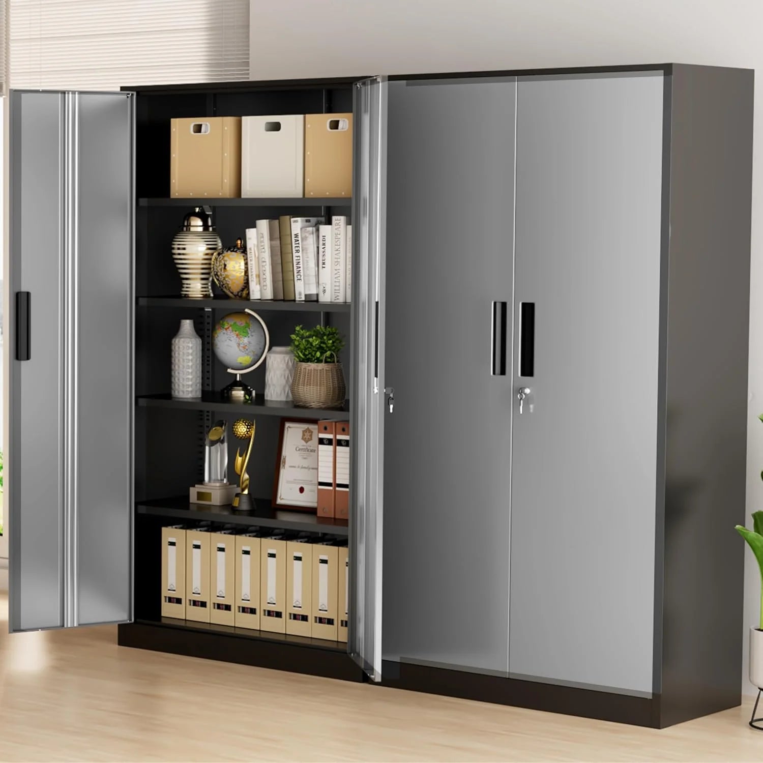 Greenvelly Metal Storage Cabinet, 72 Black Locking Metal Cabinet with 2 Doors and 4 Adjustable Shelves, Lockable Garage Storage Cabinets for Home Office, Garage, Kitchen, Living Room
