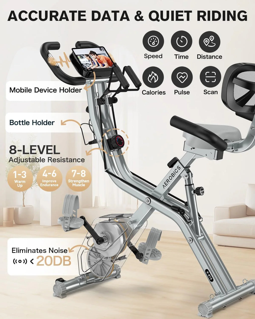 pooboo Folding Exercise Bike, Foldable Fitness Stationary Bike Machine, Upright Indoor Cycling Bike, Magnetic X-Bike with 8-Level Adjustable Resistance, Bottle Holder & Back Support Cushion for Home Gym Workout