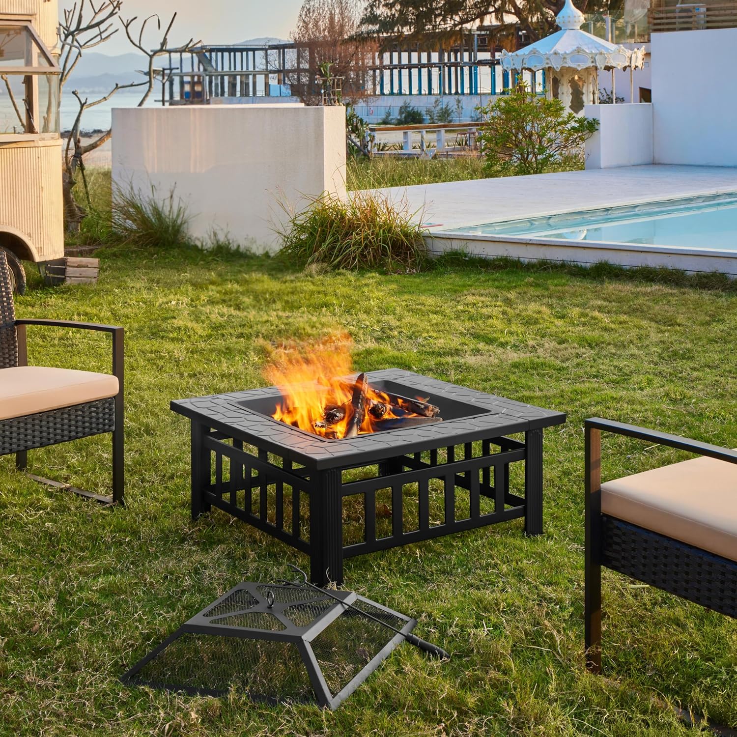 Yaheetech Multifunctional Fire Pit Table 32in Square Metal Firepit Stove Backyard Patio Garden Fireplace for Camping, Outdoor Heating, Bonfire and Picnic