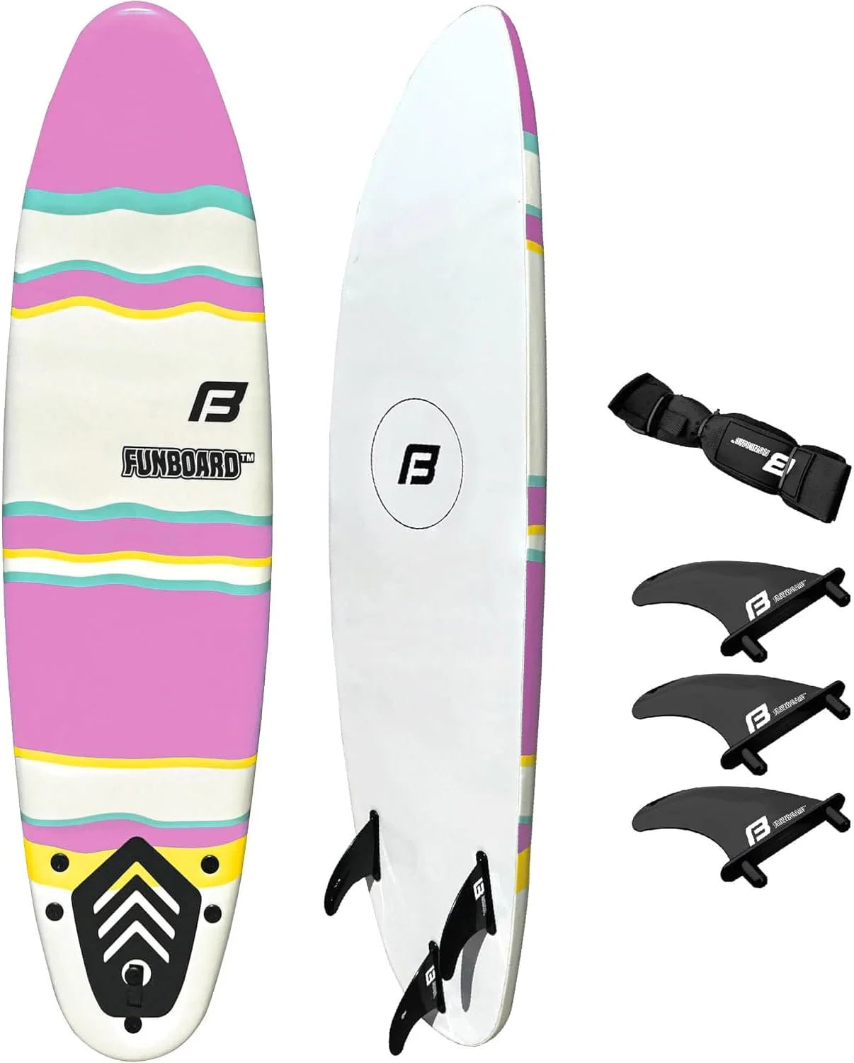 6 FUNBOARD Surfboard Softboard Foam Include (3) Fins 6 Foot Leash and (2) Wood Stringers