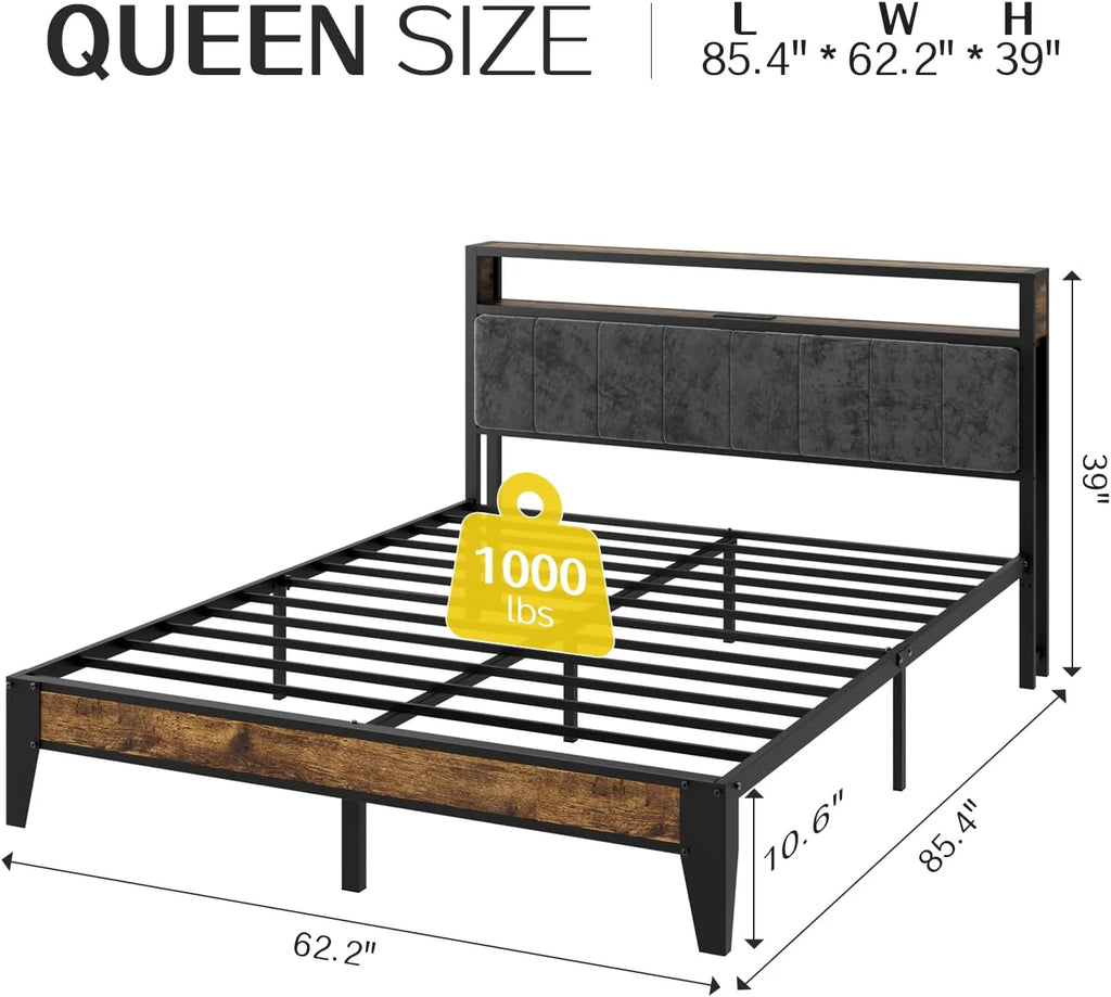 OLEVS Single Bed Frame LED Light Storage Headboard Charging Station Metal Platform Bed