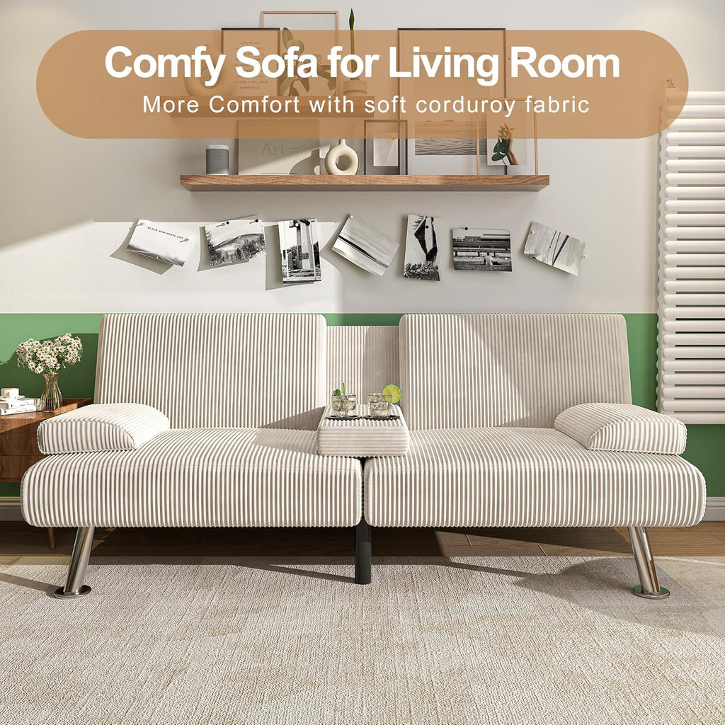 Shahoo Modern Linen Upholstered Convertible Folding Futon Sofa Bed with Removable Armrests