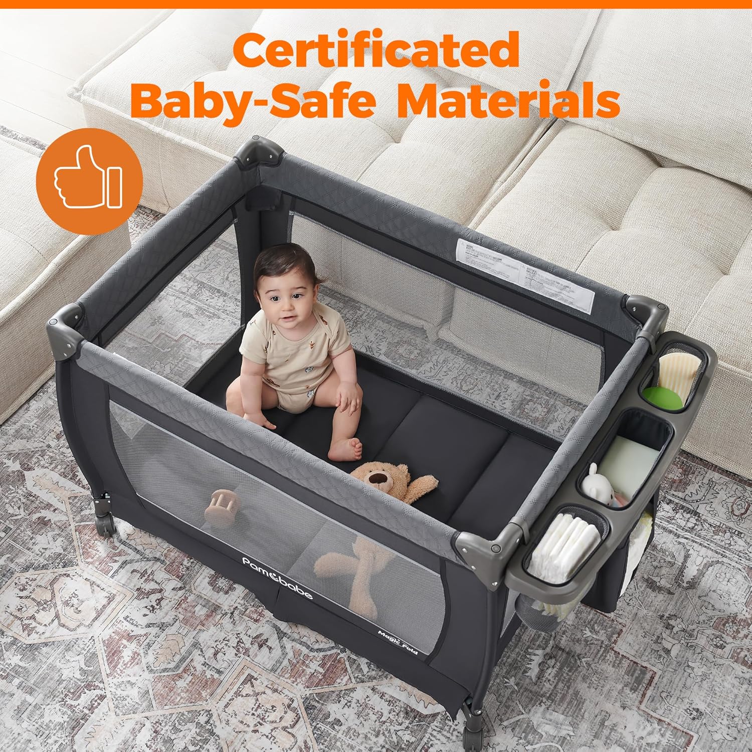 Pamo Babe Baby Playpen - Heavy-duty steel frame provides a safe sleeping space and portable crib