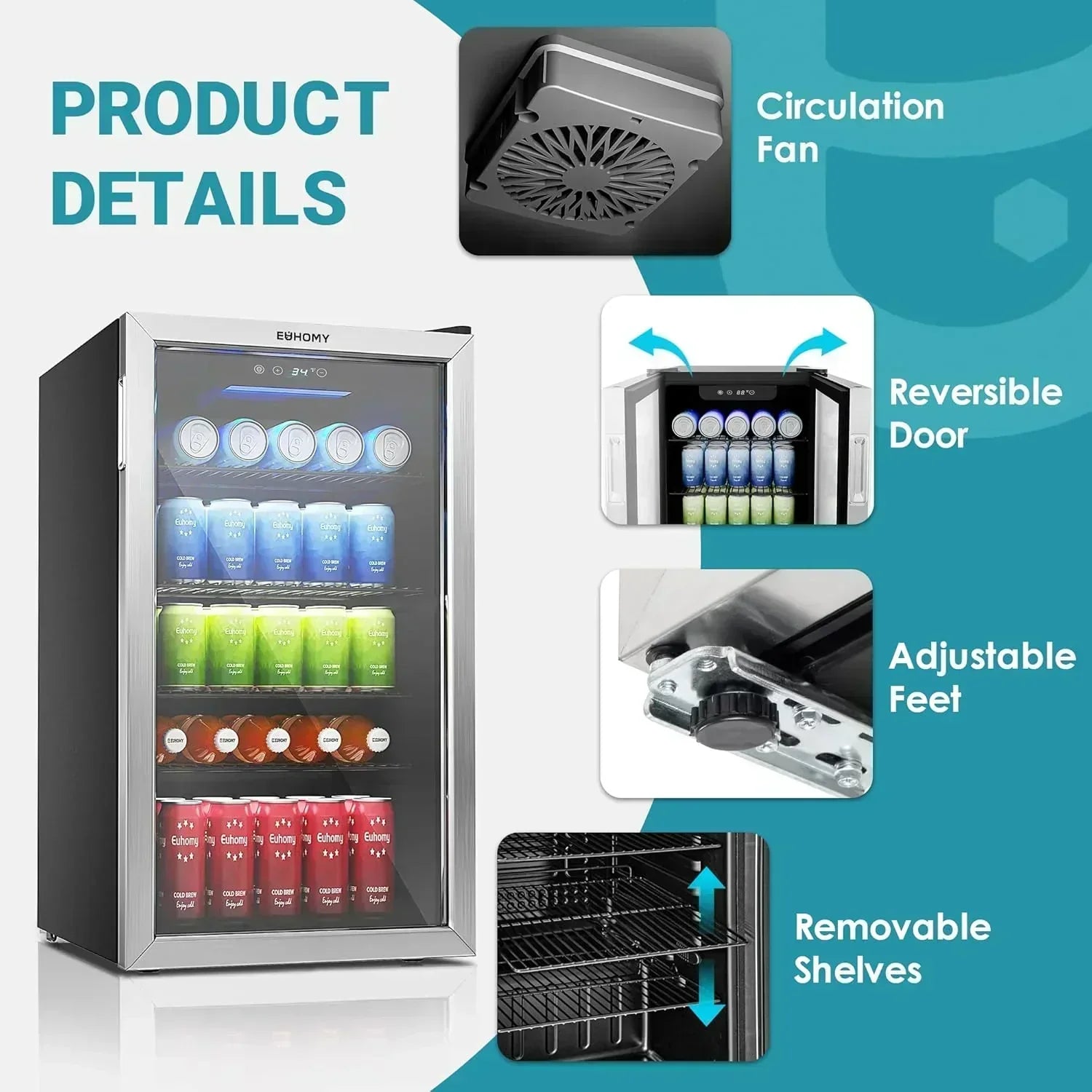 EUHOMY Beverage Refrigerator Cooler 130 Can Mini Fridge with Glass Door Beverage Cooler