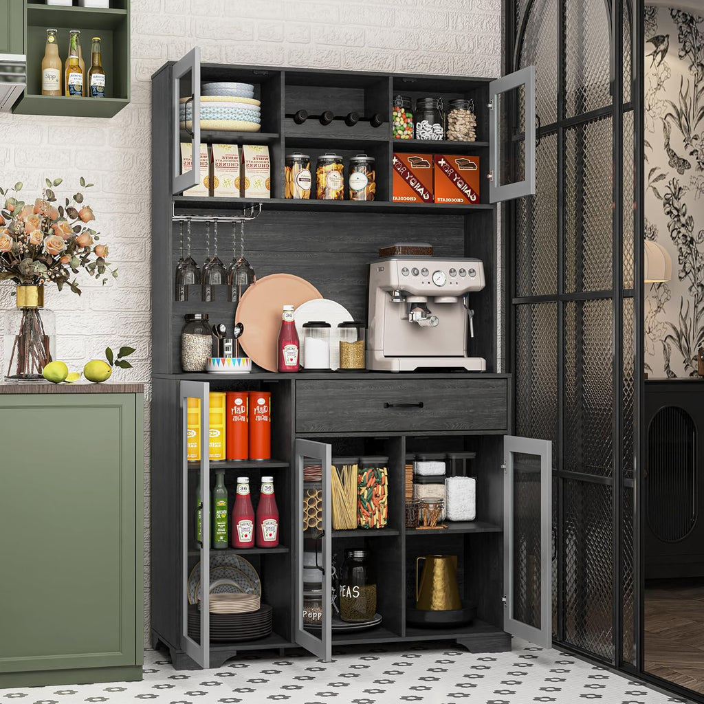Kitchen Hutch Pantry Cabinet 71 Tall with Glass Doors
