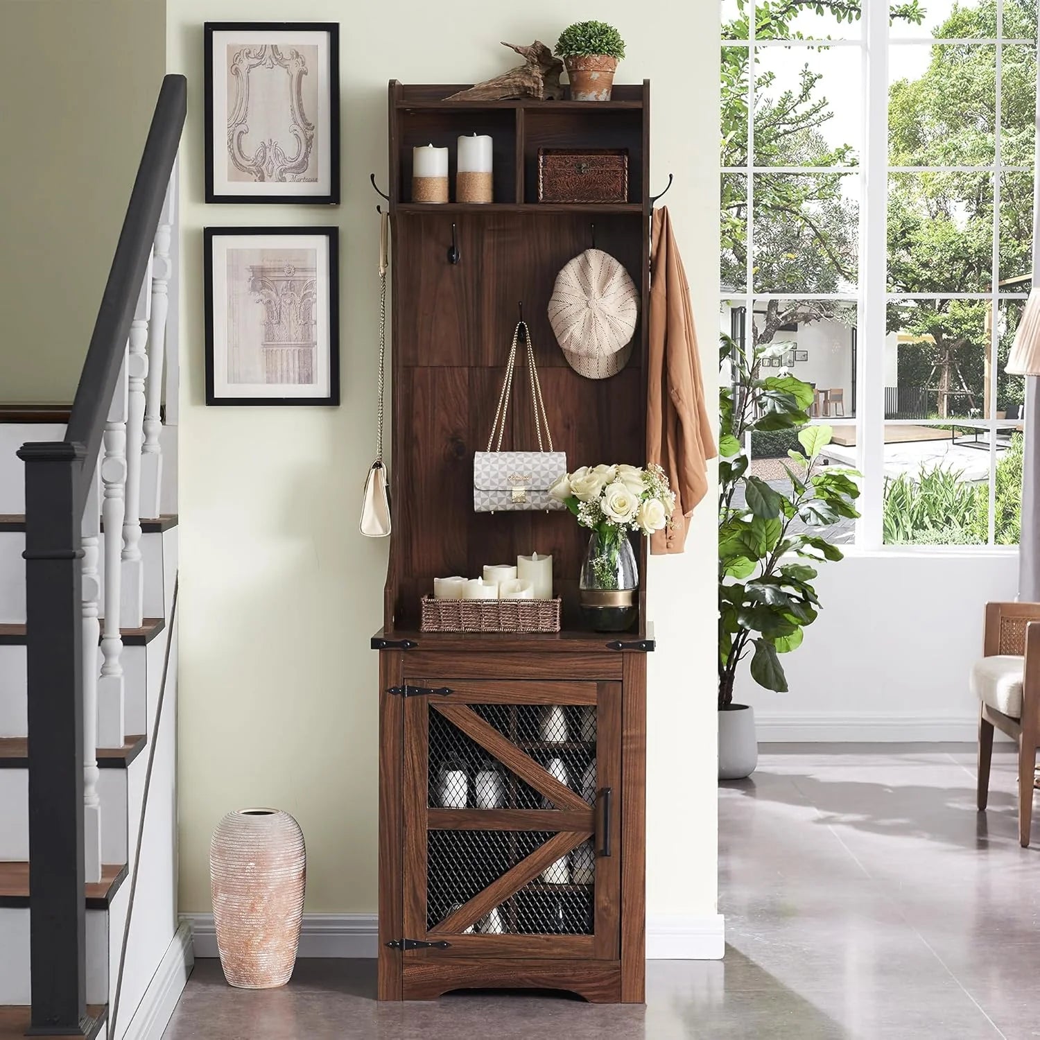 JXQTLINGMU 59 Farmhouse Hall Tree with Shoe Storage, Entryway Bench with 20 Cubbies, 12 Hooks & Sliding Barn Doors, Mudroom Coat Rack Cabinet, Off White