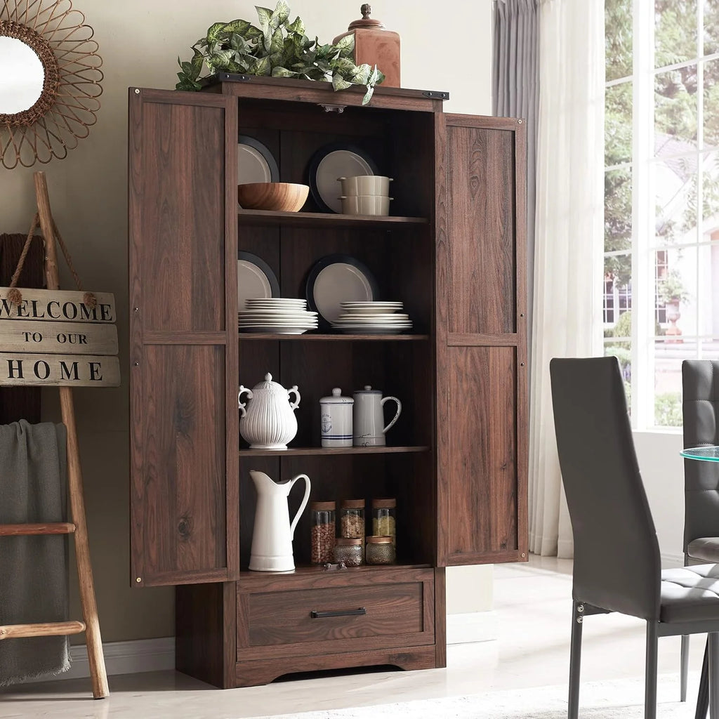JXQTLINGMU Farmhouse Kitchen Pantry - 72 Tall Wood Kitchen Storage Cabinet with Adjustable Shelves and 2 Barn-Style Doors and Drawers