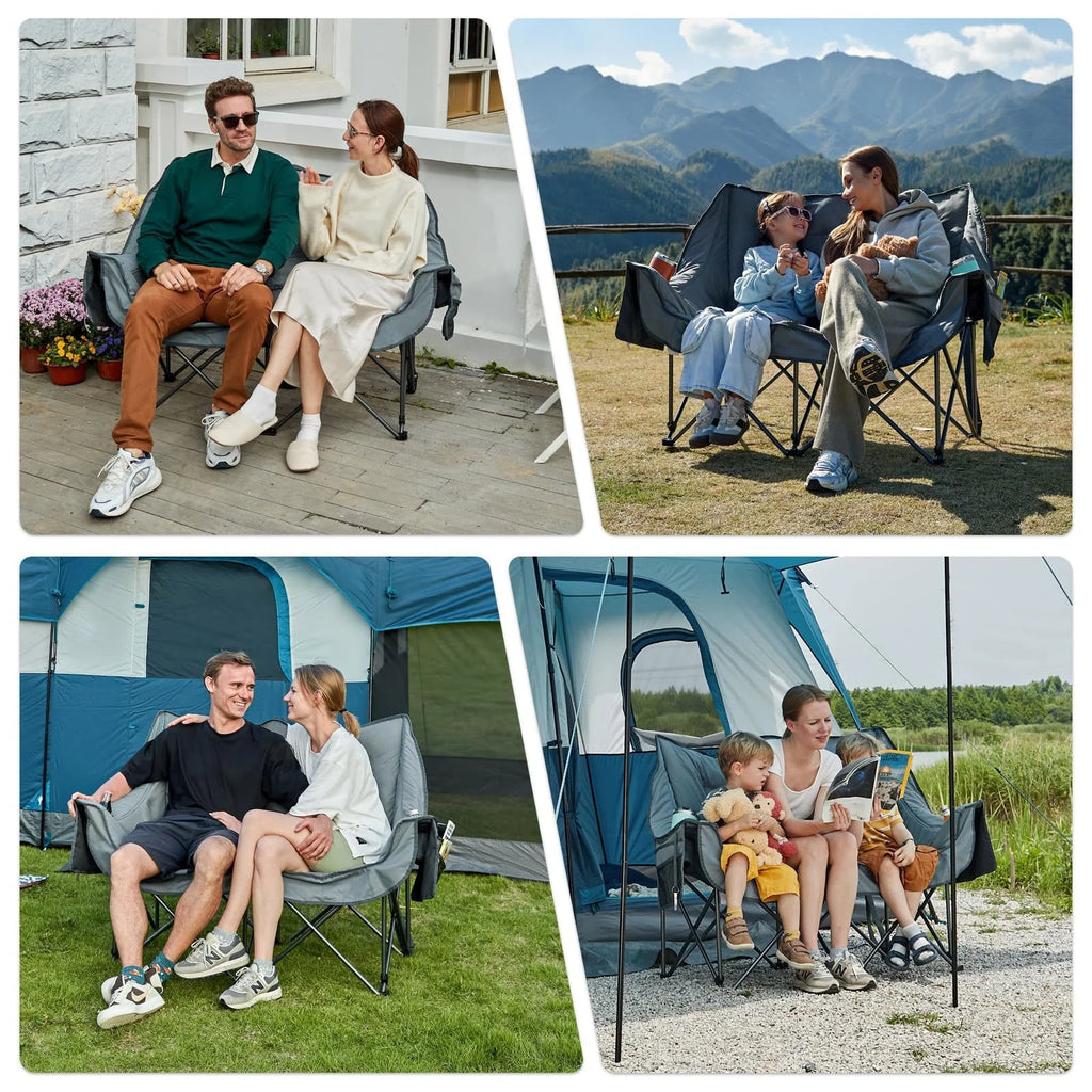 Double Camping Chair for Two Adults Folding Padded Loveseat with Cup Holders and Carry Bag 600 lbs