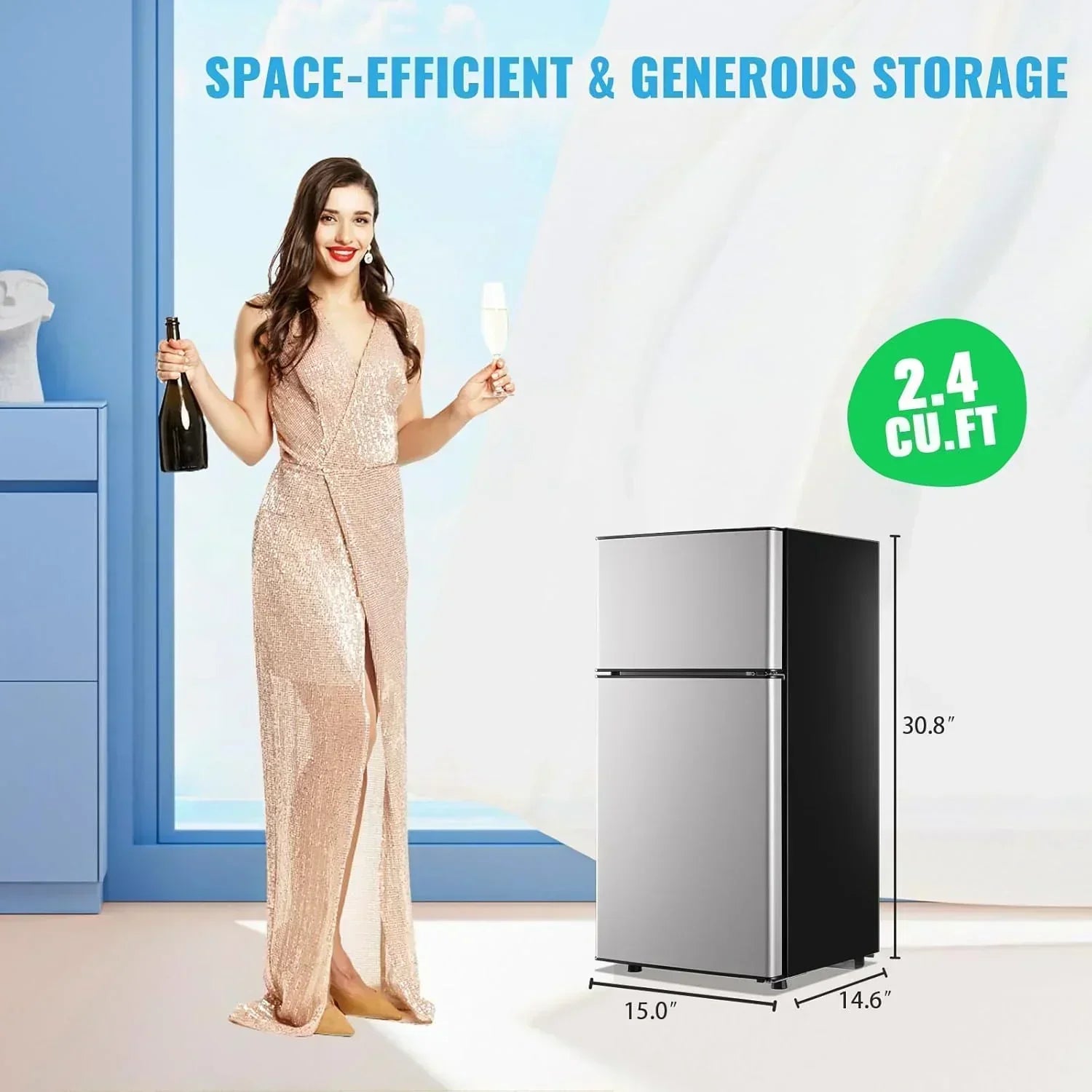 2.4 Cu.Ft Mini Fridge with Freezer Double Door Small Tiny Size Refrigerator with 7 Control Knob