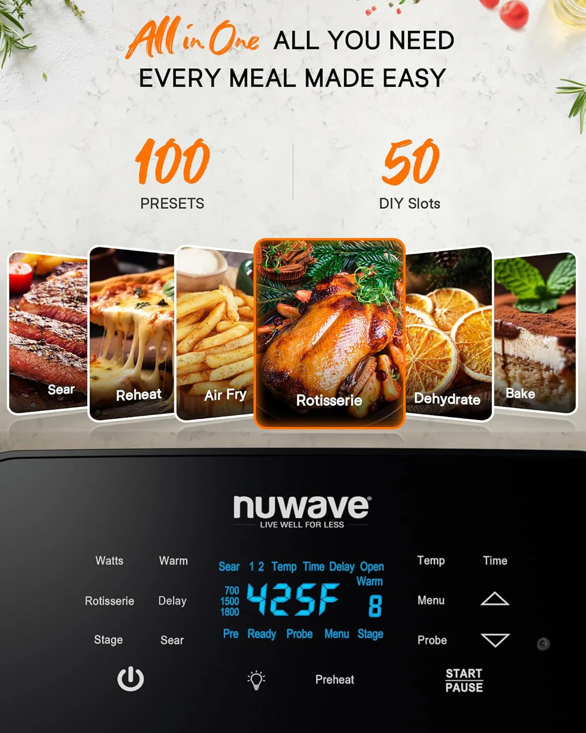 Nuwave Brio 15.5Qt Air Fryer & Broiler with 50°-425°F Temperature Control, 100 Presets and 50 Memory, Integrated Smart Thermometer, and Linear T Technology