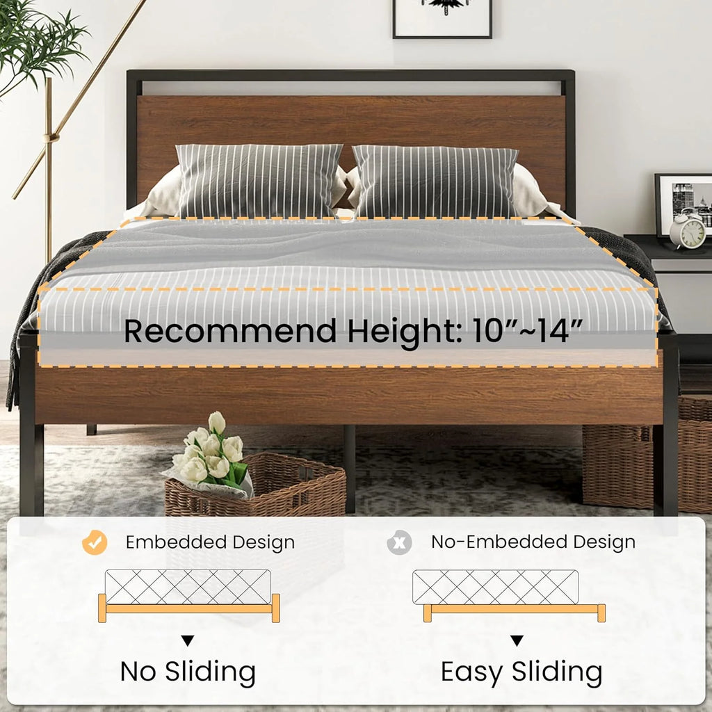 SHA CERLIN 14 Inch Full Size Metal Platform Bed Frame with Wooden Headboard and Footboard