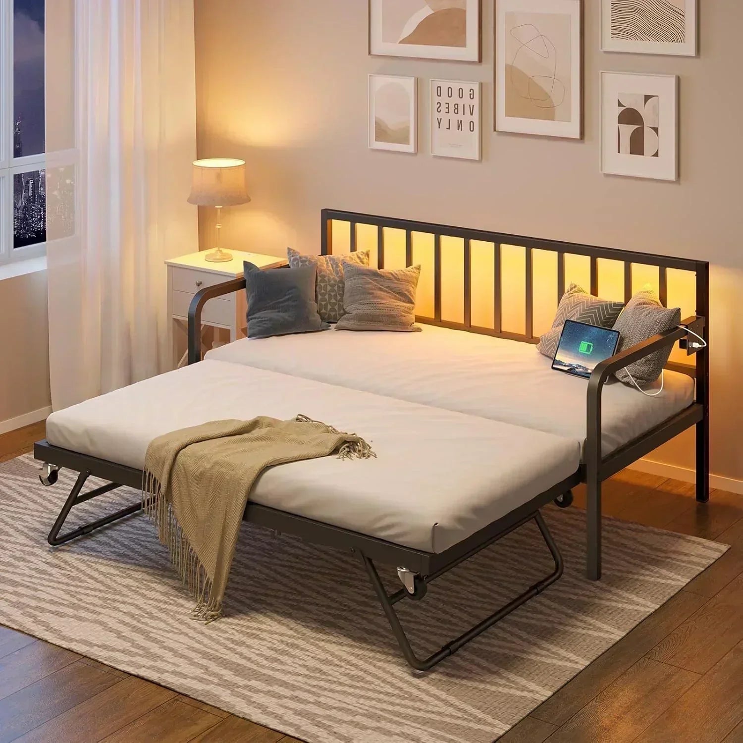 Rolanstar Daybed with Charging Station and LED Lights Height Adjustable Twin Daybed