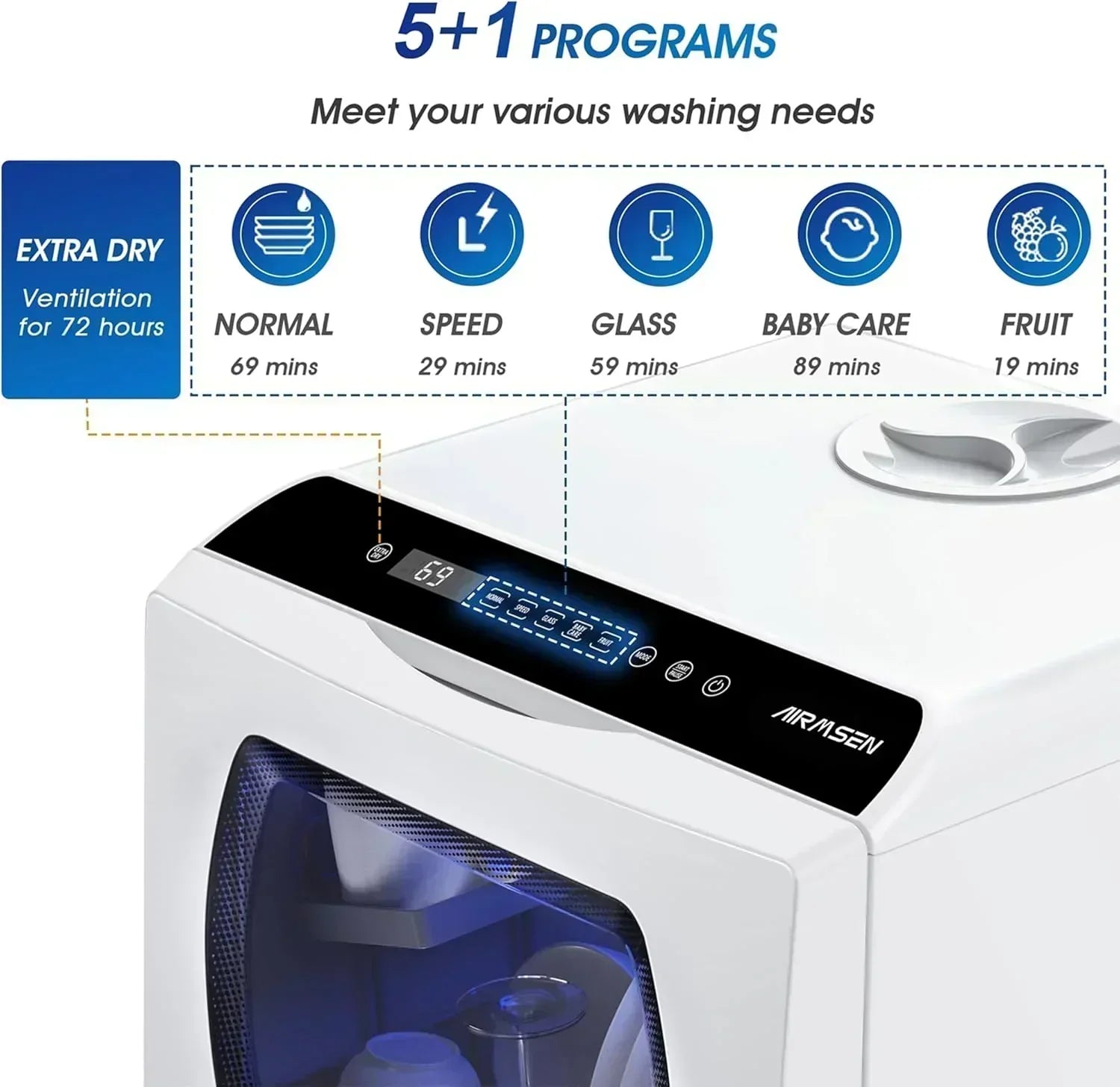 AIRMSEN portable tabletop dishwasher 5 washing programs mini dishwasher