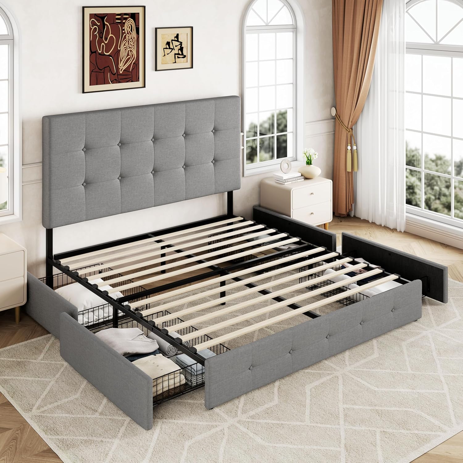 Allewie Upholstered Queen Size Platform Bed Frame with 4 Storage Drawers and Headboard