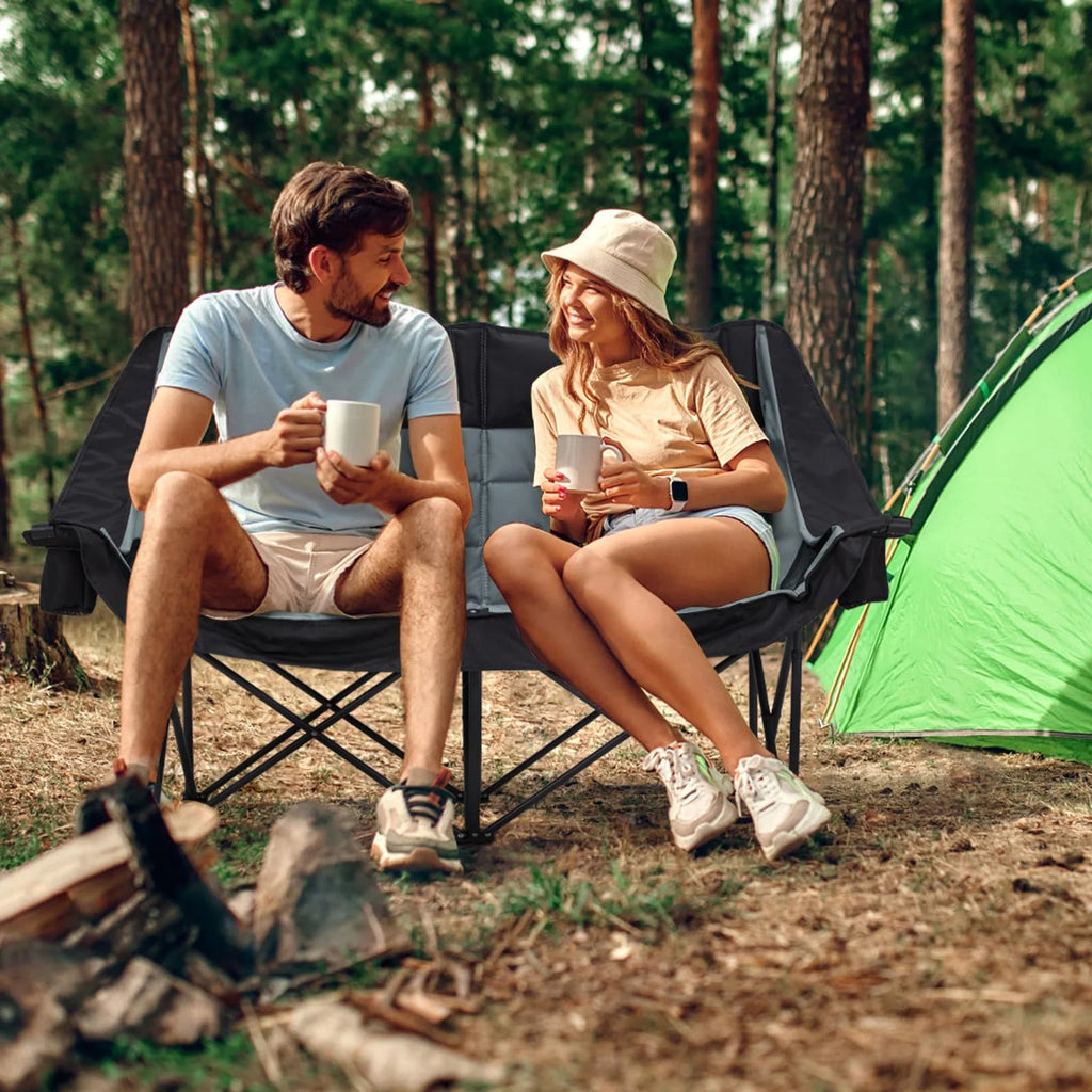 Oversized Double Camping Chair for Two Adults Folding Padded Loveseat with Cup Holders 660 lbs