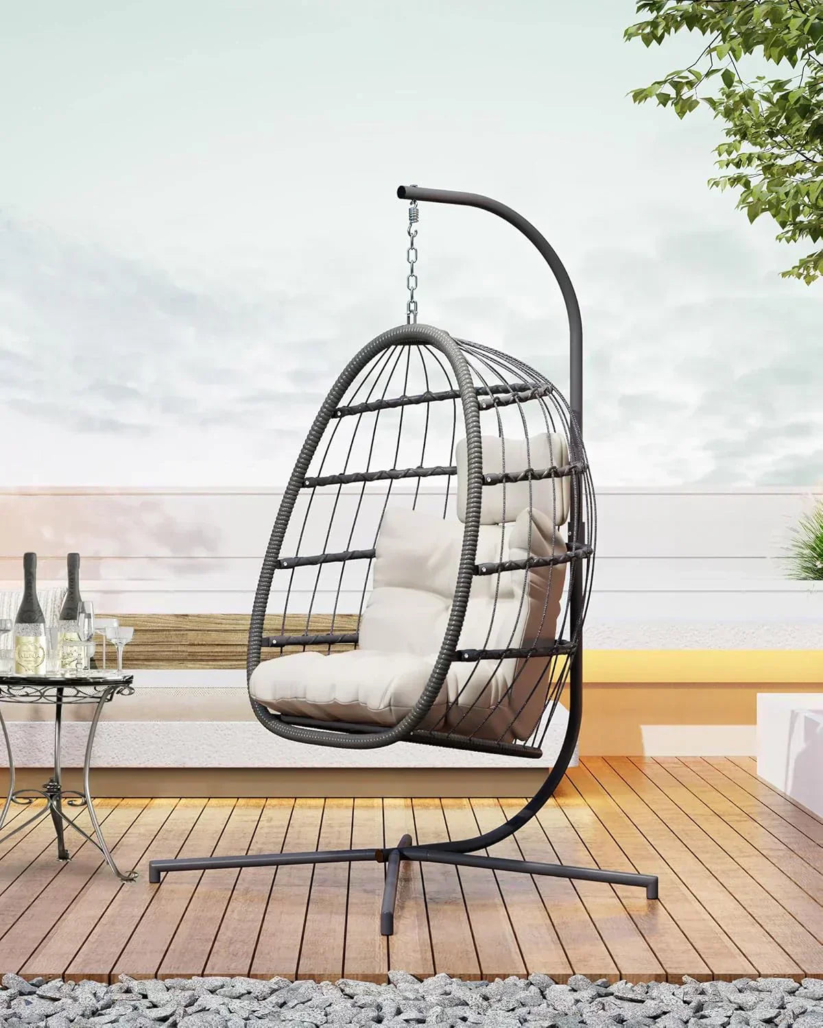 HWB Hanging Egg Chair with Stand Patio Wicker Hammock Egg Swing Chair Cushion for Bedroom