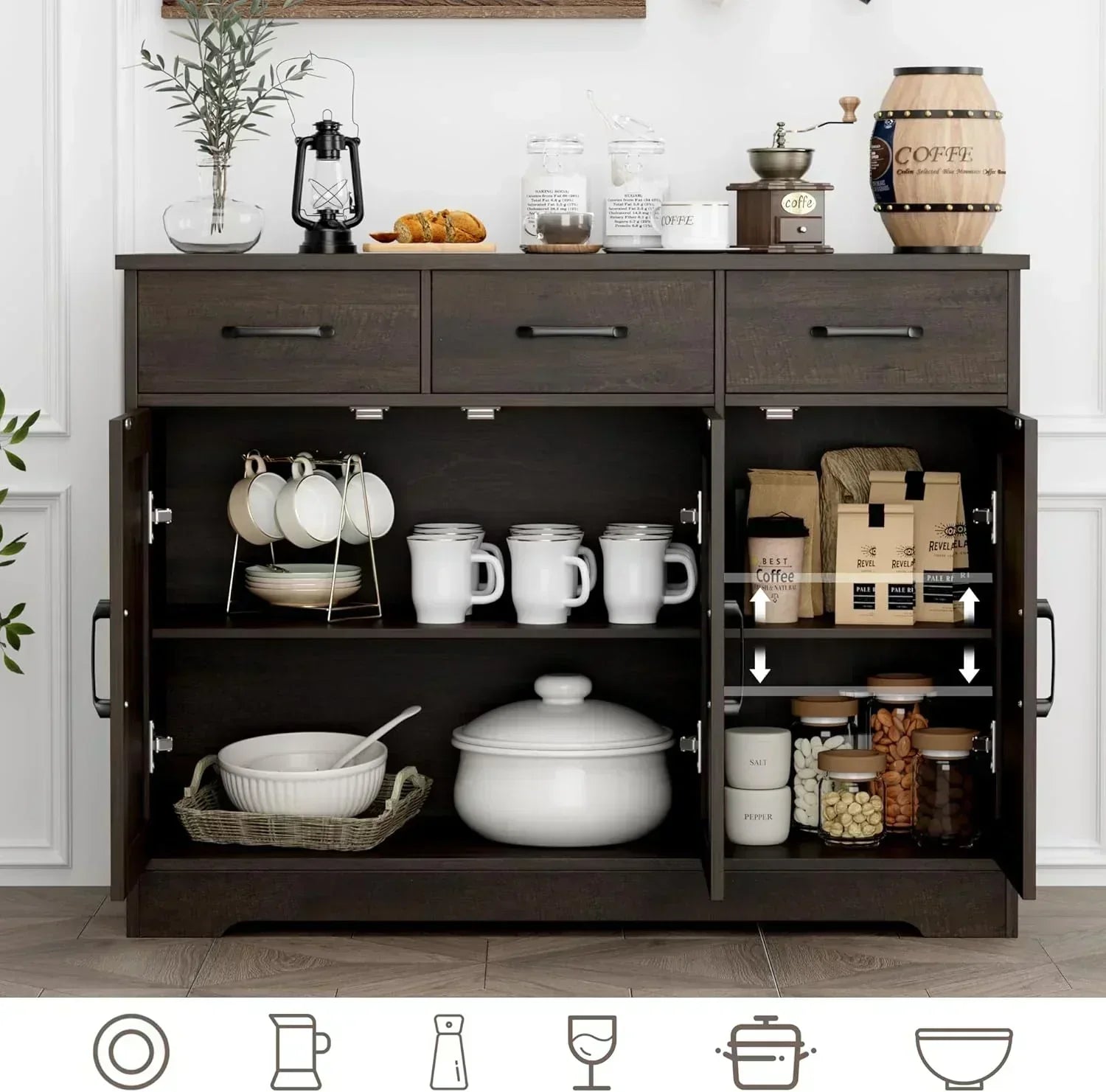 Modern farmhouse sideboard barn door buffet storage cabinet with drawers and shelves