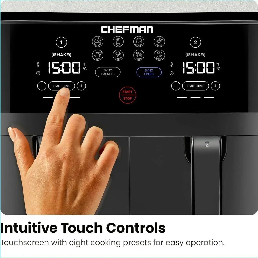 Chefman 6-Quart Dual Basket Air Fryer Digital Touchscreen Smart Sync Finish High-Frying