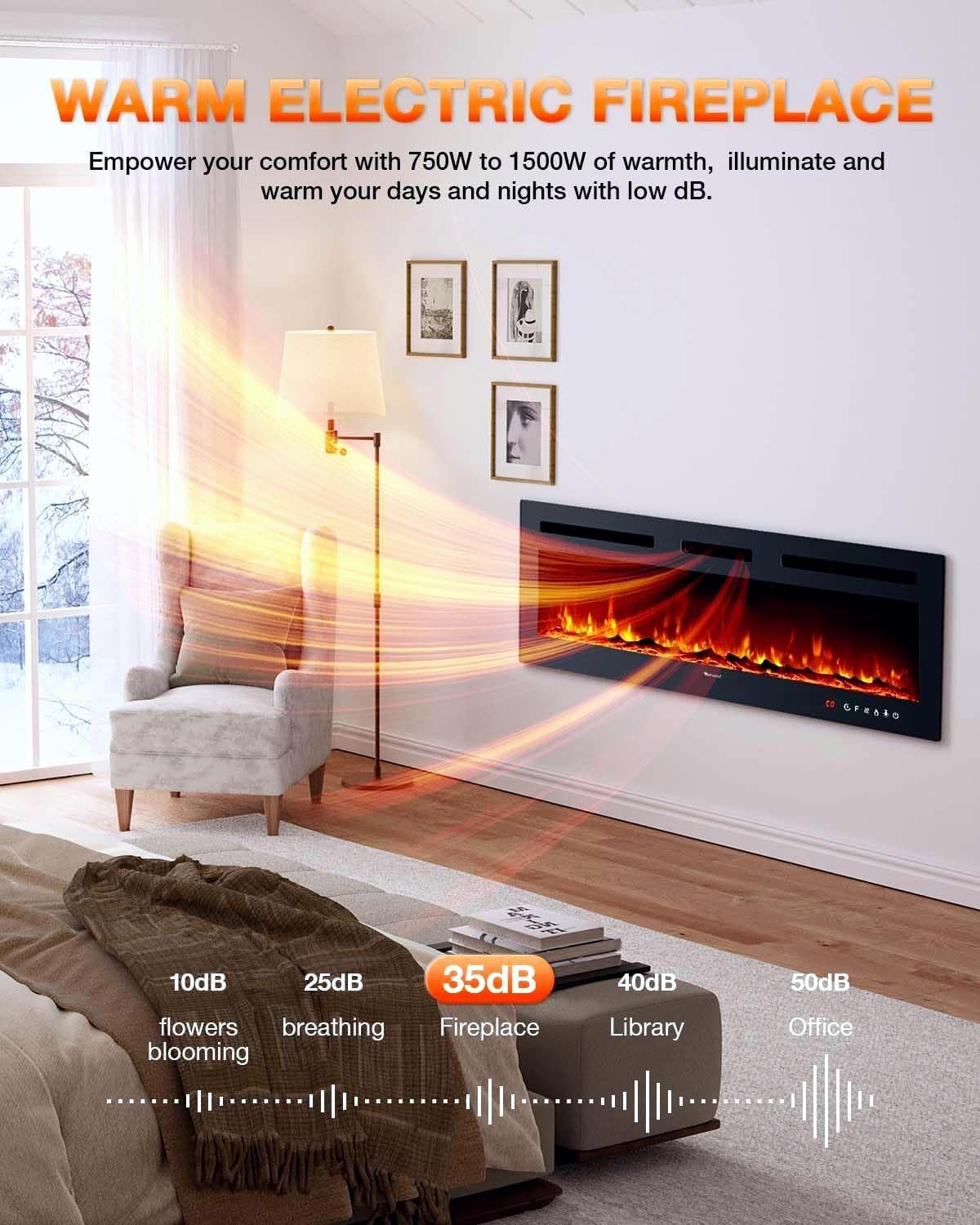 Electric Fireplace 60Inch,Wall Mounted Electric Fireplace Heater with Timer Inserts��TV Stand Touch Screen and Realistic Flame,Log Set,Crystal Flames 750 to 1500W��Remote for Living Room
