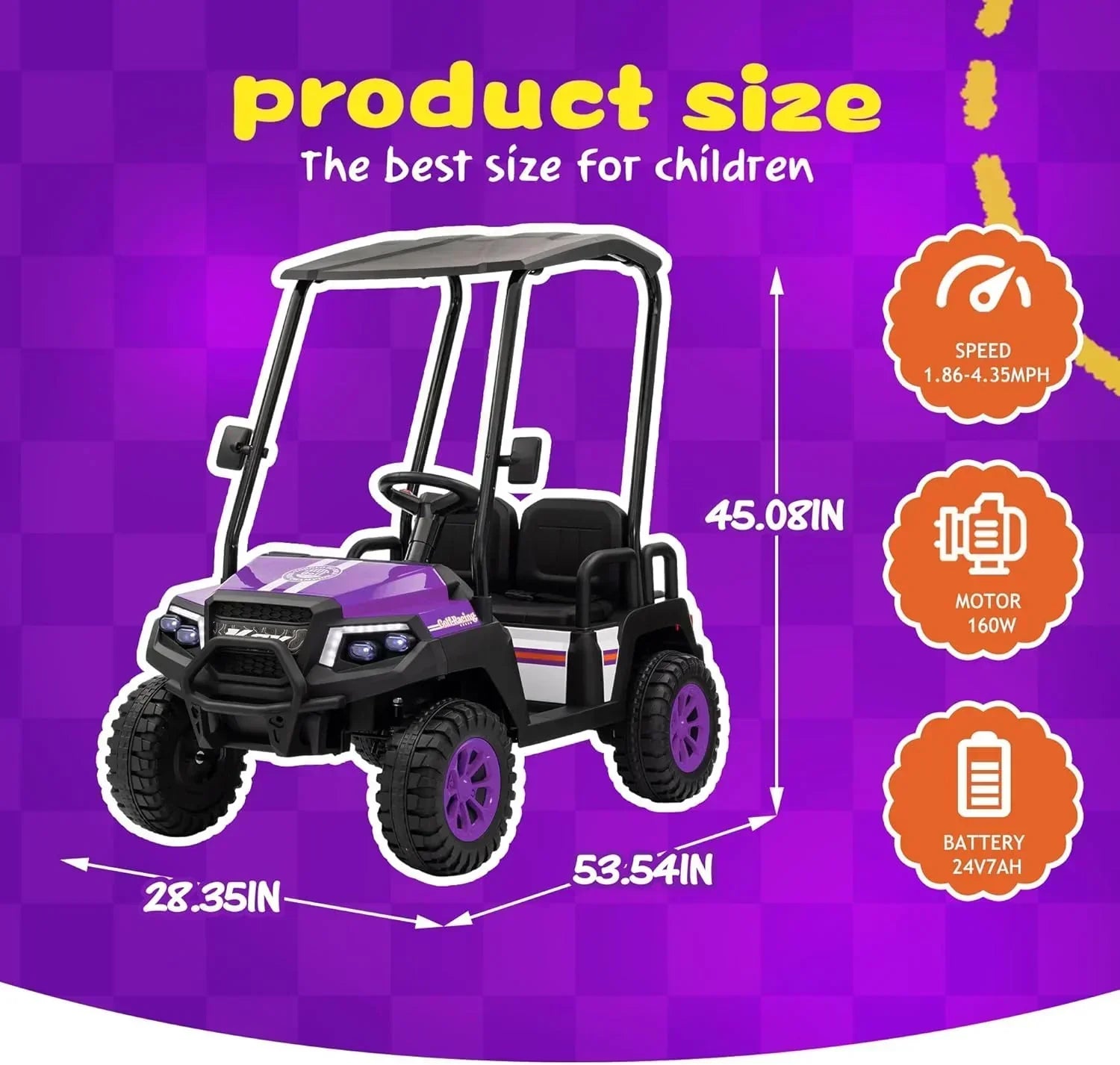 24V 7AH Children's Golf Cart with Remote Control Removable Awning 4-Wheel Spring Suspension