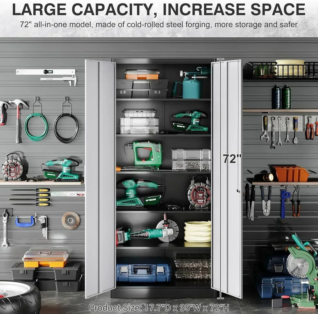 Metal Storage Cabinet with 2 Doors and 6 Shelves Black Metal Cabinet Garage Storage Cabinet