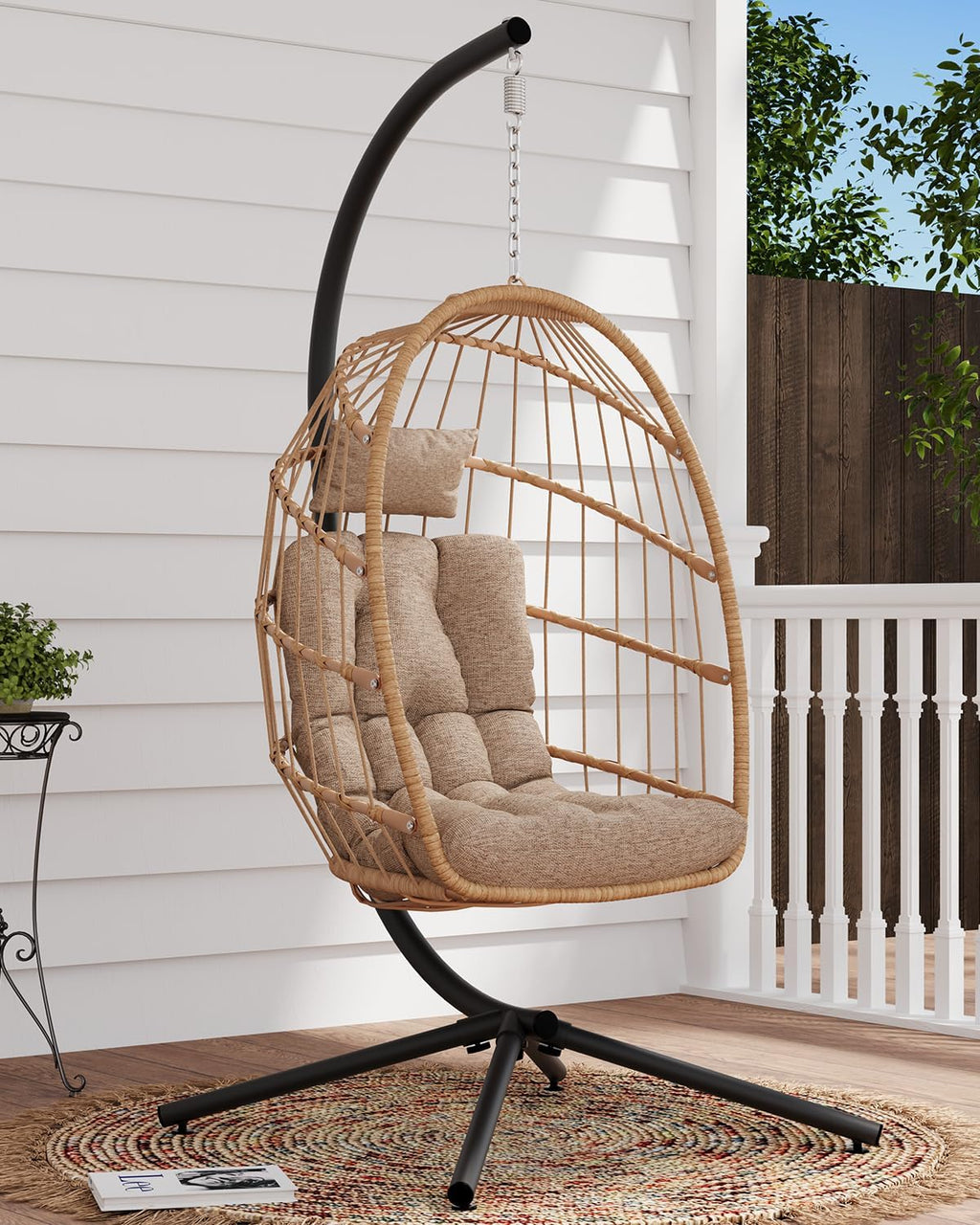 SWITTE Egg Chair Outdoor with Stand Indoor Wicker Hanging Egg Swing Chair with Cushion