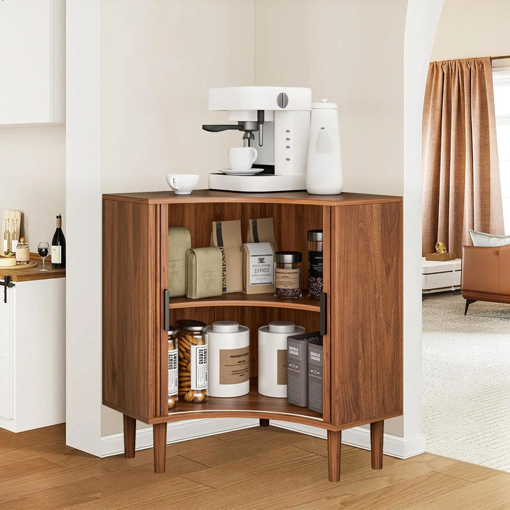 Fluted corner cabinet, small corner base cabinet modern wooden storage organizer