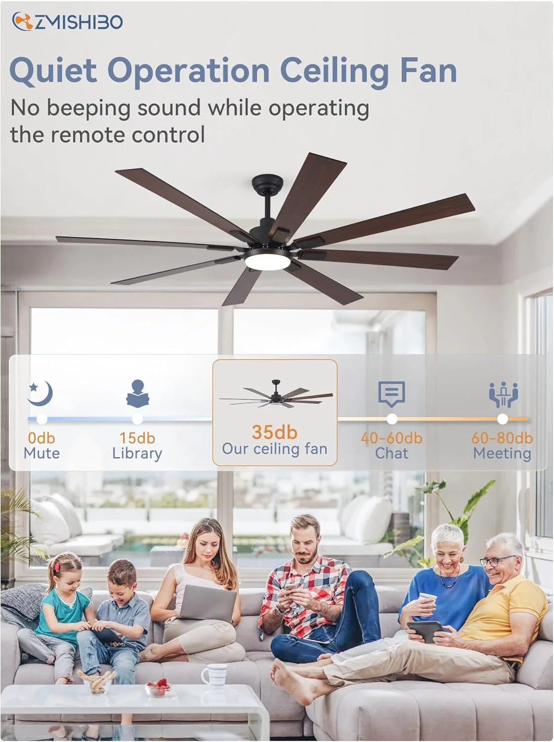 ZMISHIBO 72 inch Large Ceiling Fans with Lights and Remote, Indoor/Outdoor Black Modern Ceiling Fan for Kitchen Living Room Patio, 6 Speed Reversible Quiet DC Motor, 3 CCT, Dual Finish 8 Blades