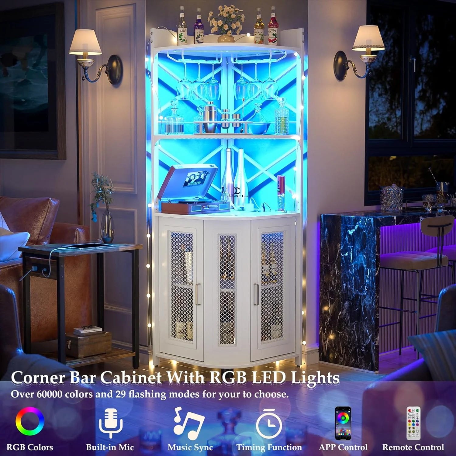 Corner bar cabinet with power socket, industrial style wine cabinet with LED light strip and glass rack, home five-layer wine cabinet bar unit, small space corner display cabinet