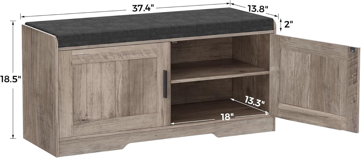 2-Tier Storage Bench, Shoe Bench with Thickened Padded Seat Cushion, Entryway Bench with 4 Doors, Adjustable Shelf, 13.8 D x 45.3 W x 18.5 H, for Entryway, Living Room, Bedroom, White