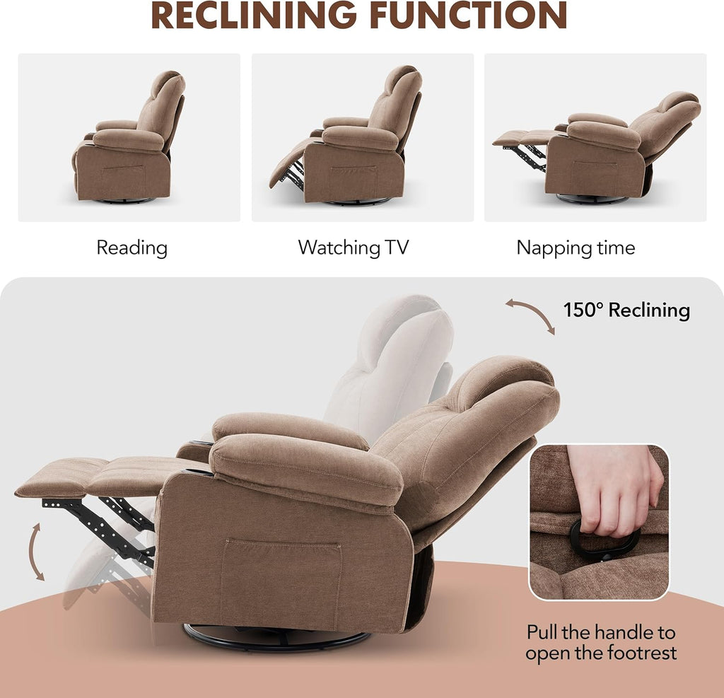 Large Swivel Rocking Recliner with Massage Function 360 Degree Swivel Rocking Single Sofa