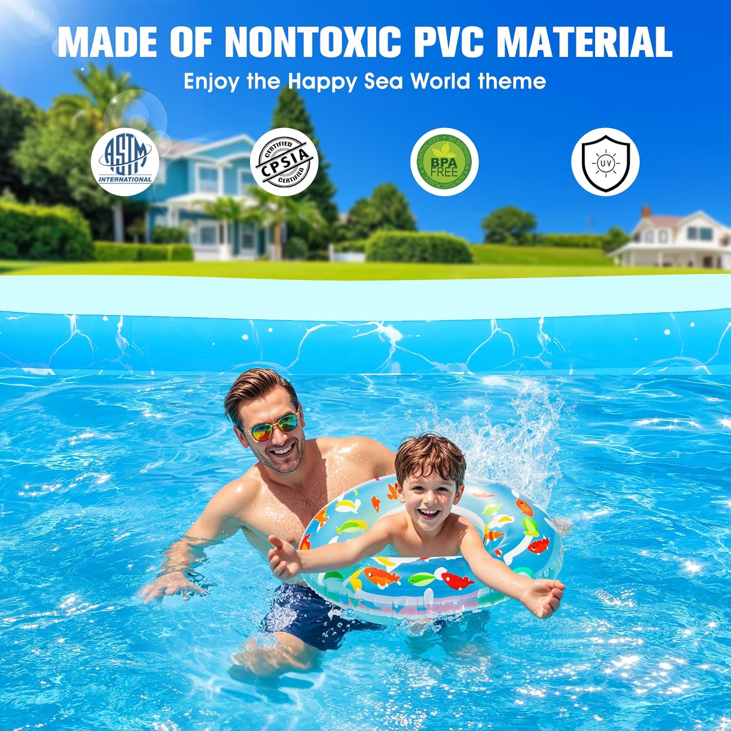 Inflatable Pool with Seat and Pool Lights, Durable Thickened Large Size Family Inflatable Pools for Adults Blow Up Pools,105 x 65 x 25Swimming Inflatable Kids PooI for Backyard,Outdoor (White)