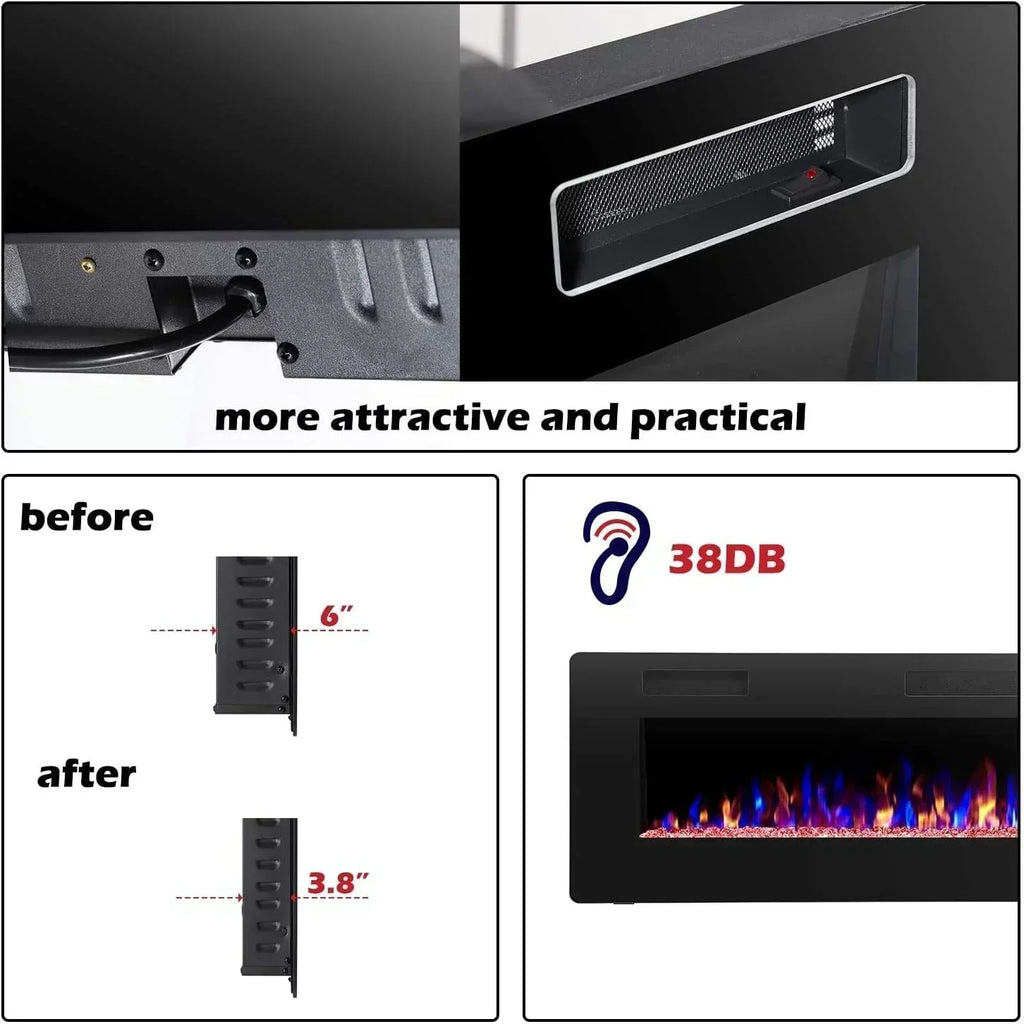 R.W.FLAME 60 Recessed and Wall Mounted Electric Fireplace Low Noise Fit for 2 x 6 Stud