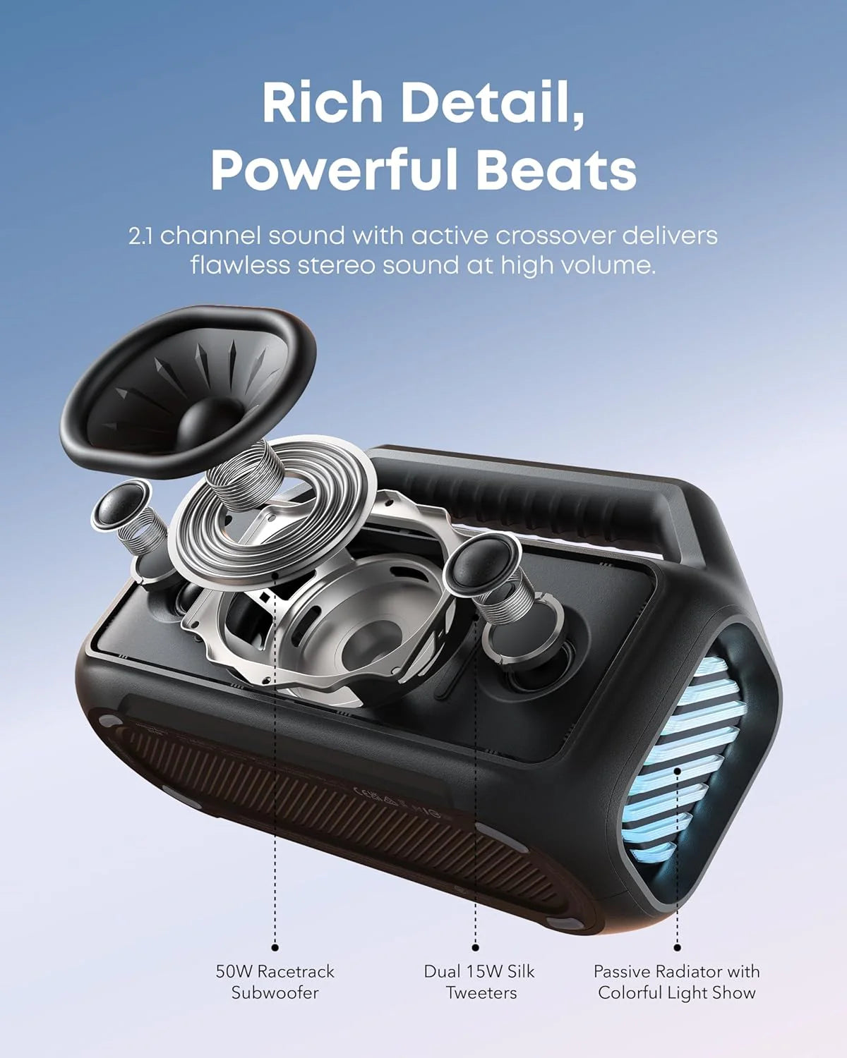 Outdoor Speaker, 80W, Subwoofer, BassUp 2.0, 24H Playtime, IPX7 Waterproof, Floatable, RGB Lights, USB-C, Custom EQ, Bluetooth 5.3, Portable for Camping, Beach, and Backyard
