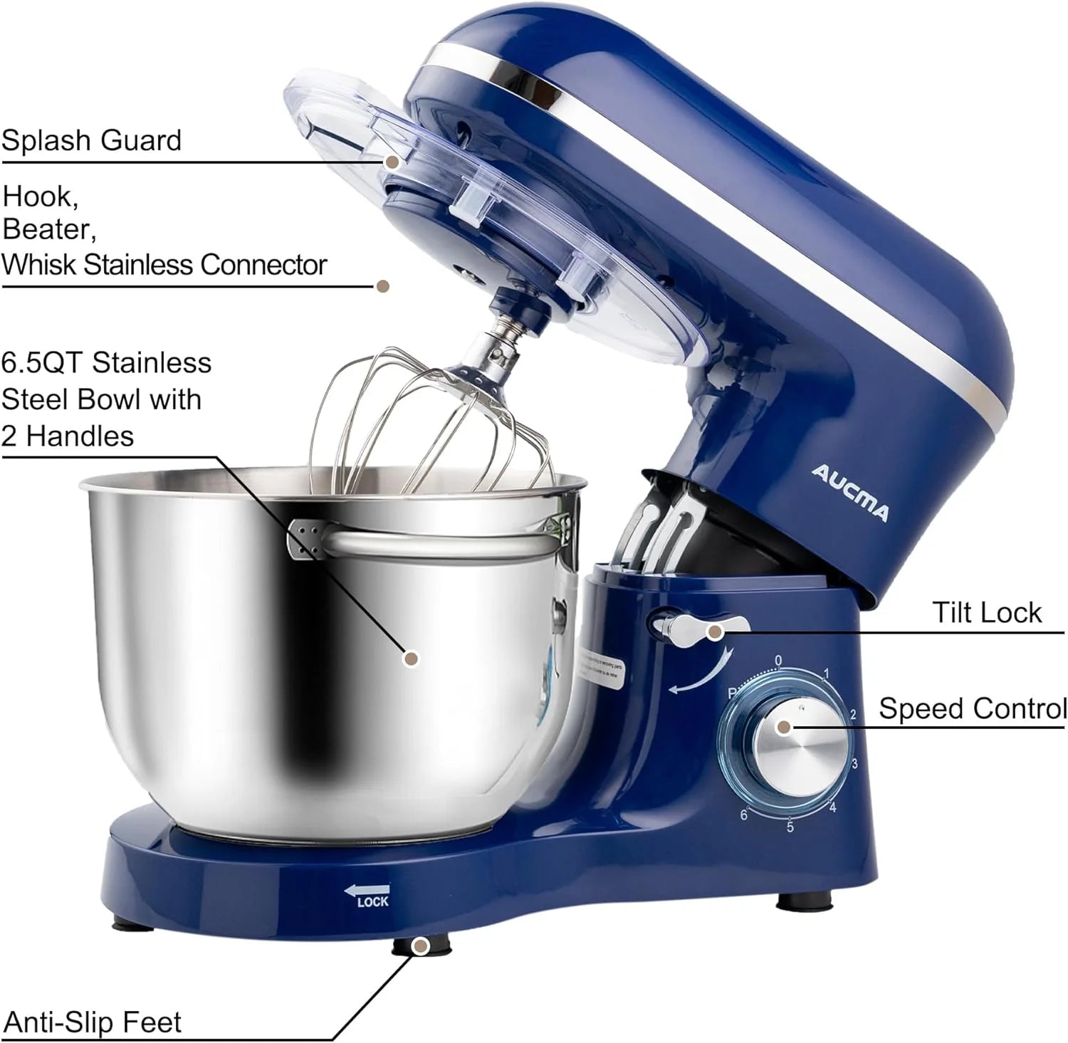 Aucma Stand Mixer,6.5-QT 660W 6-Speed Tilt-Head Food Mixer, Kitchen Electric Mixer with Dough Hook