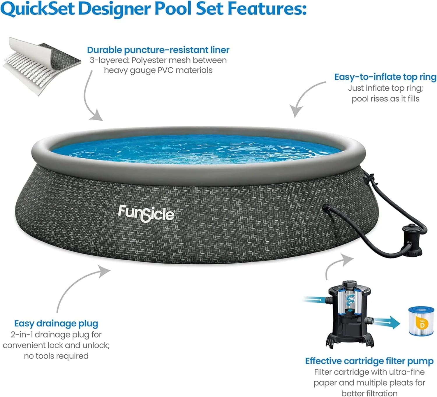 Funsicle 12 Foot by 36 Inch Quickset Round Inflatable Ring Top Outdoor Above Ground Swimming Pool Set with Pump and Cartridge Filter, Dark Herringbone
